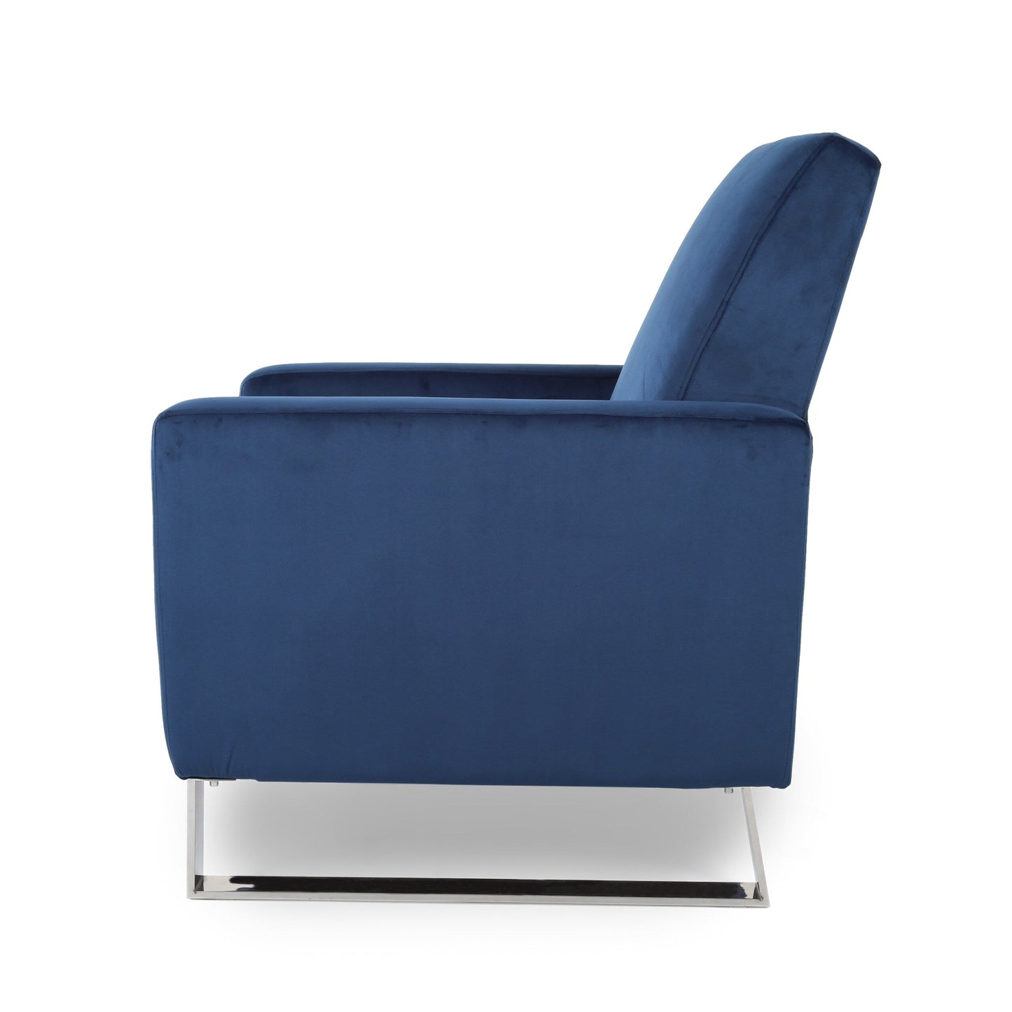 Poltrona reclinabile moderna in velluto blu con poggiapiedi e gambe in acciaio inossidabile