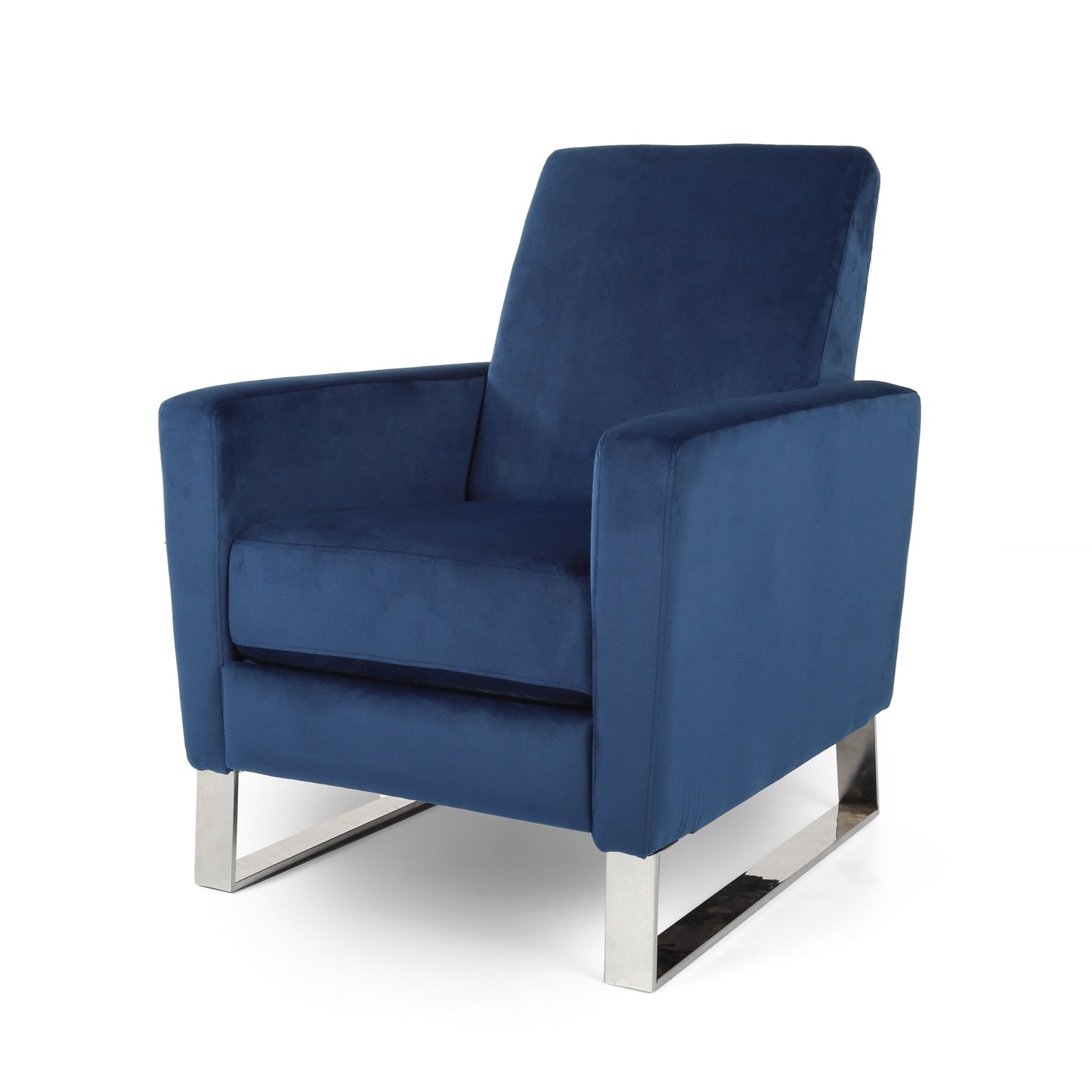 Poltrona reclinabile moderna in velluto blu con poggiapiedi e gambe in acciaio inossidabile
