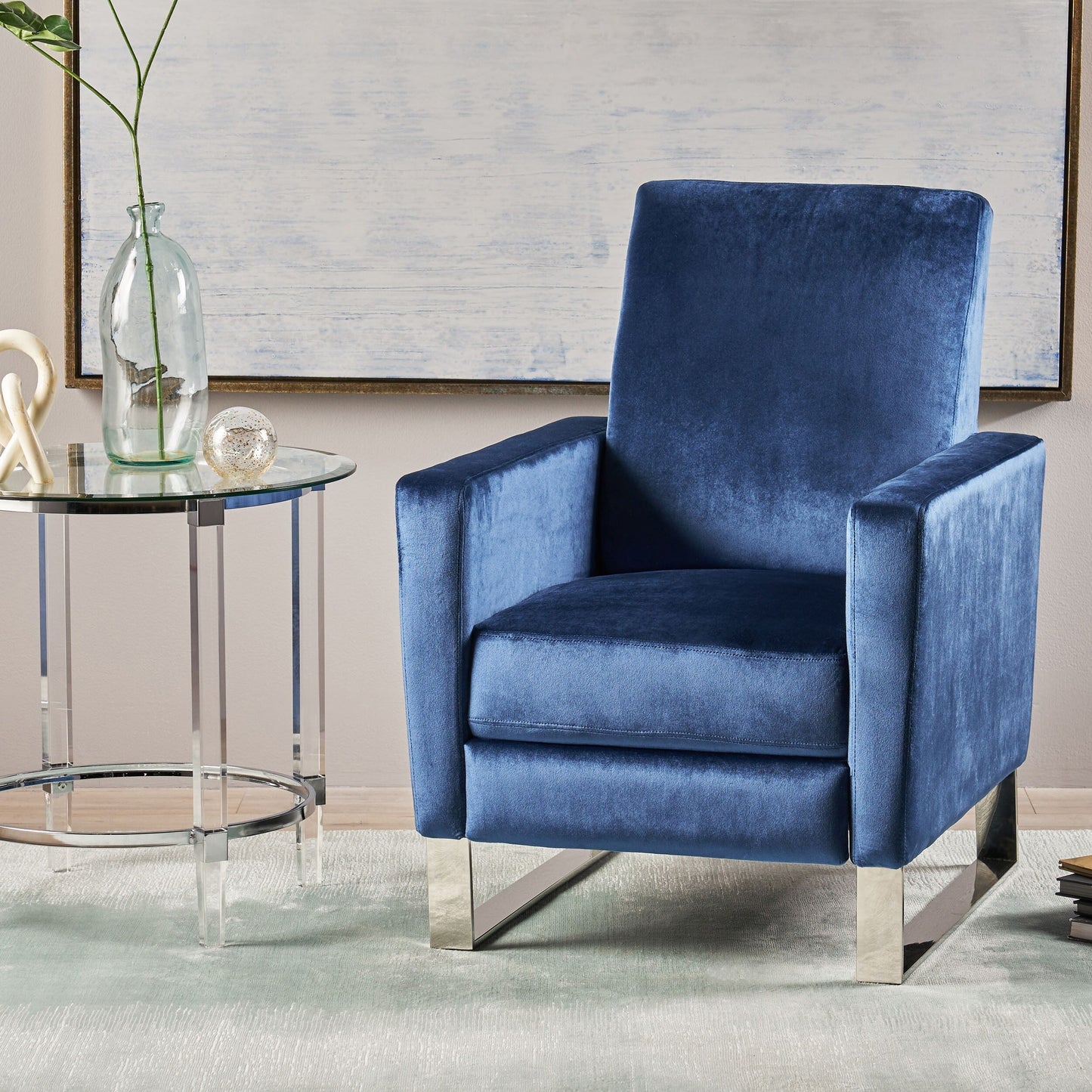Poltrona reclinabile moderna in velluto blu con poggiapiedi e gambe in acciaio inossidabile