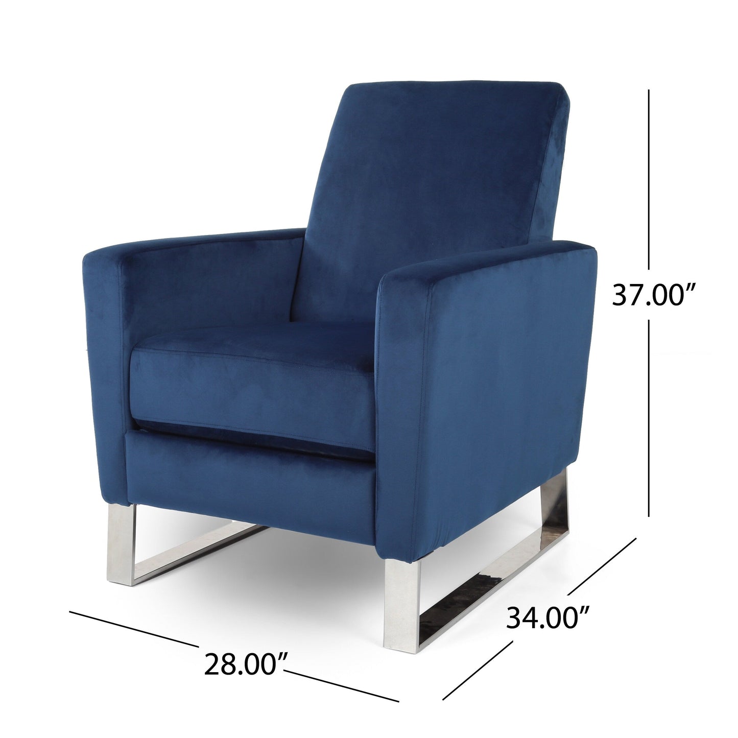 Poltrona reclinabile moderna in velluto blu con poggiapiedi e gambe in acciaio inossidabile