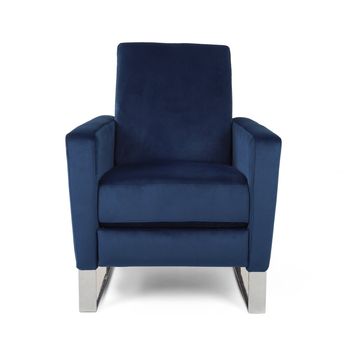Poltrona reclinabile moderna in velluto blu con poggiapiedi e gambe in acciaio inossidabile