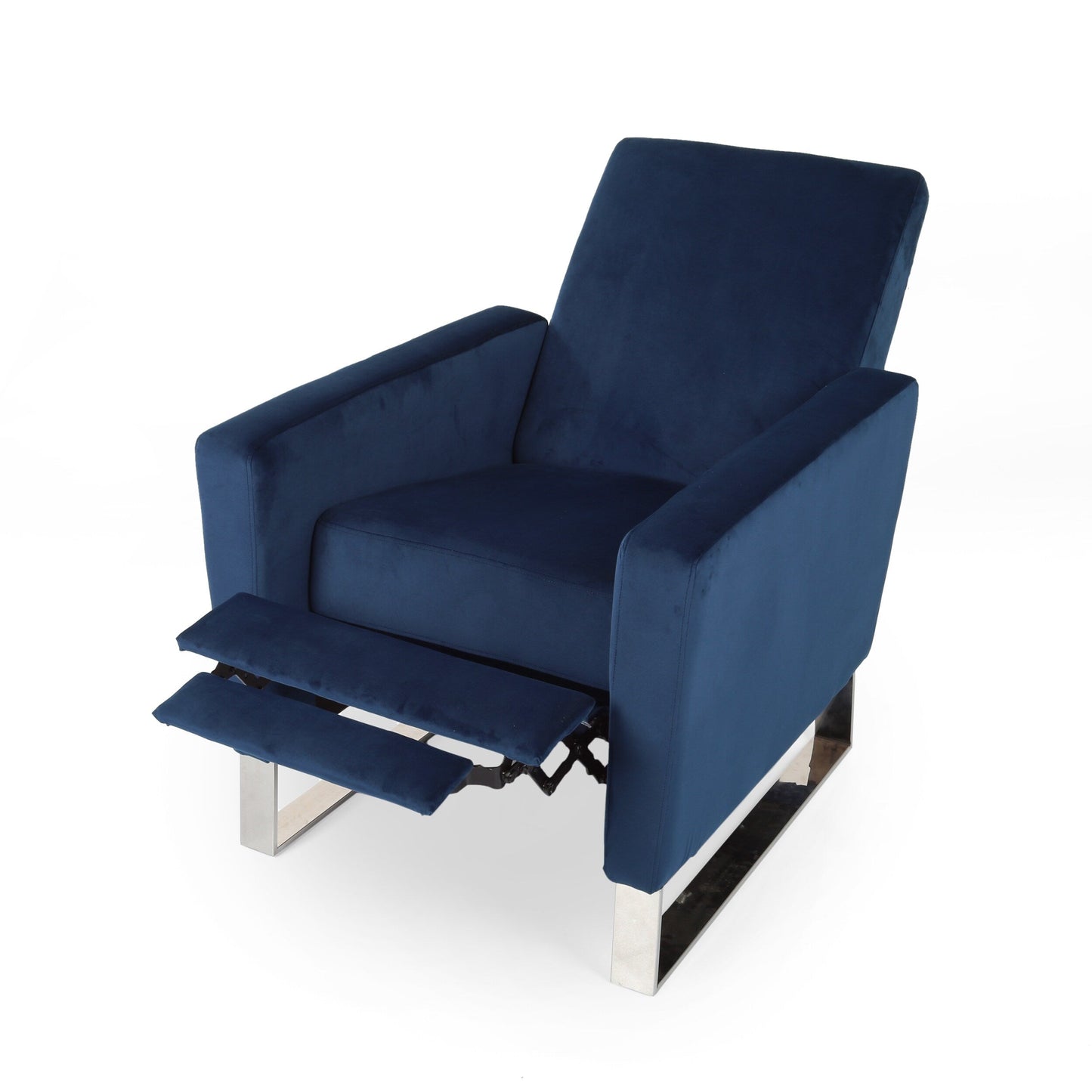 Poltrona reclinabile moderna in velluto blu con poggiapiedi e gambe in acciaio inossidabile