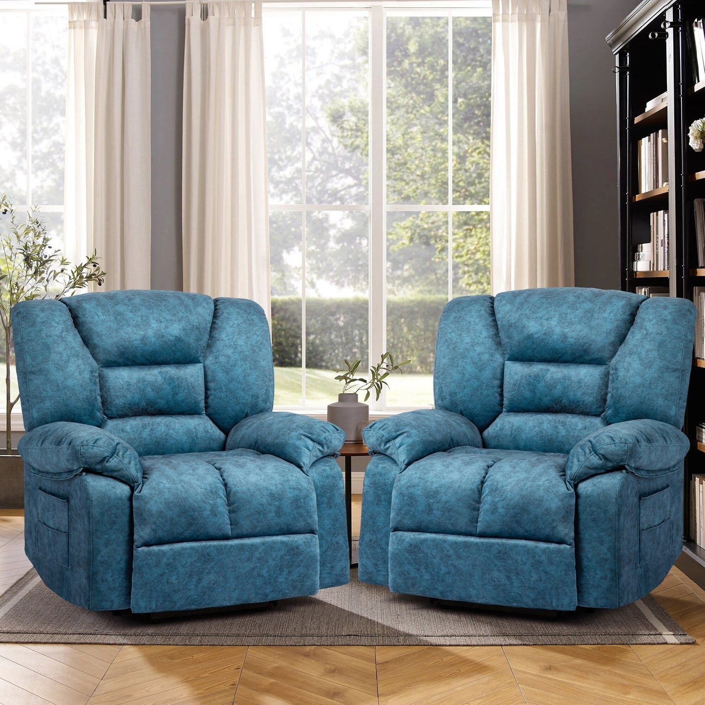 Poltrona reclinabile manuale blu oversize con massaggio vibrante, riscaldamento lombare, tasche laterali
