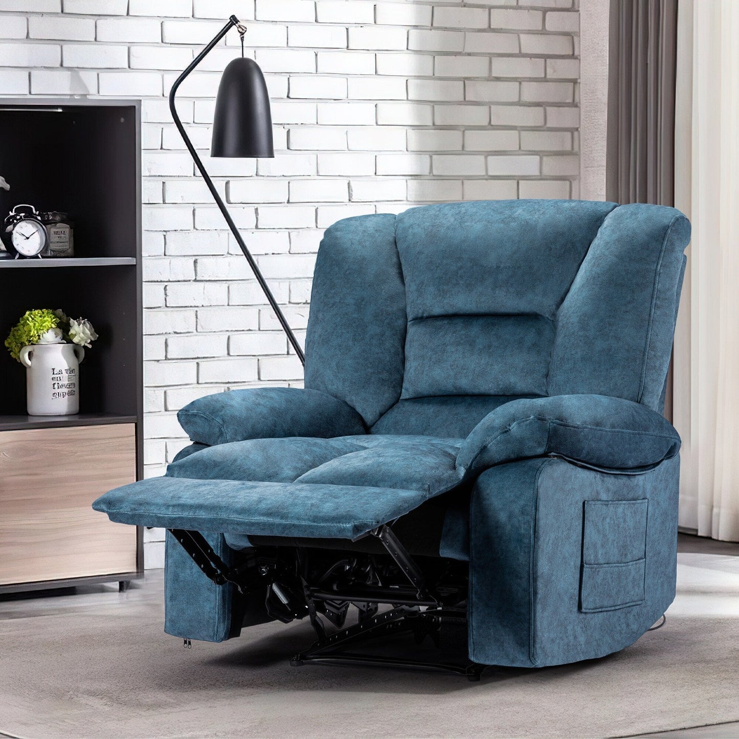 Poltrona reclinabile manuale blu oversize con massaggio vibrante, riscaldamento lombare, tasche laterali