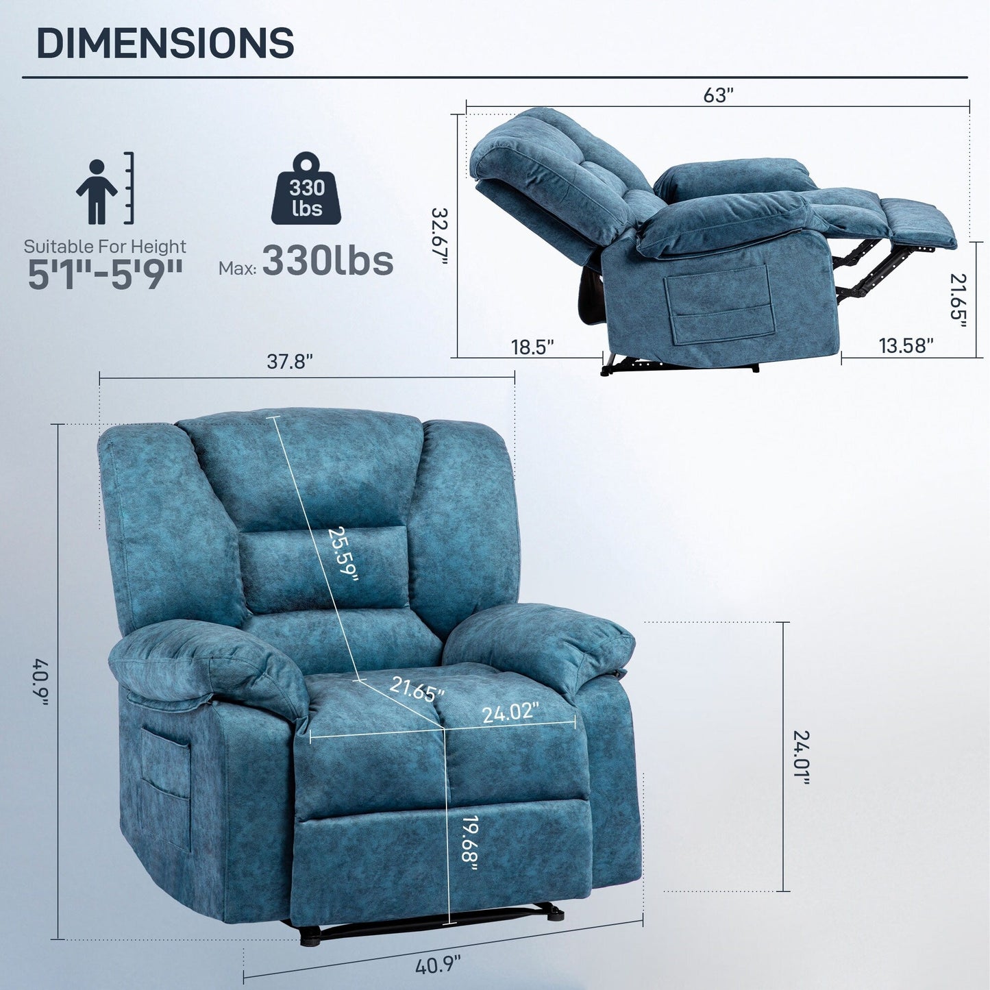 Poltrona reclinabile manuale blu oversize con massaggio vibrante, riscaldamento lombare, tasche laterali