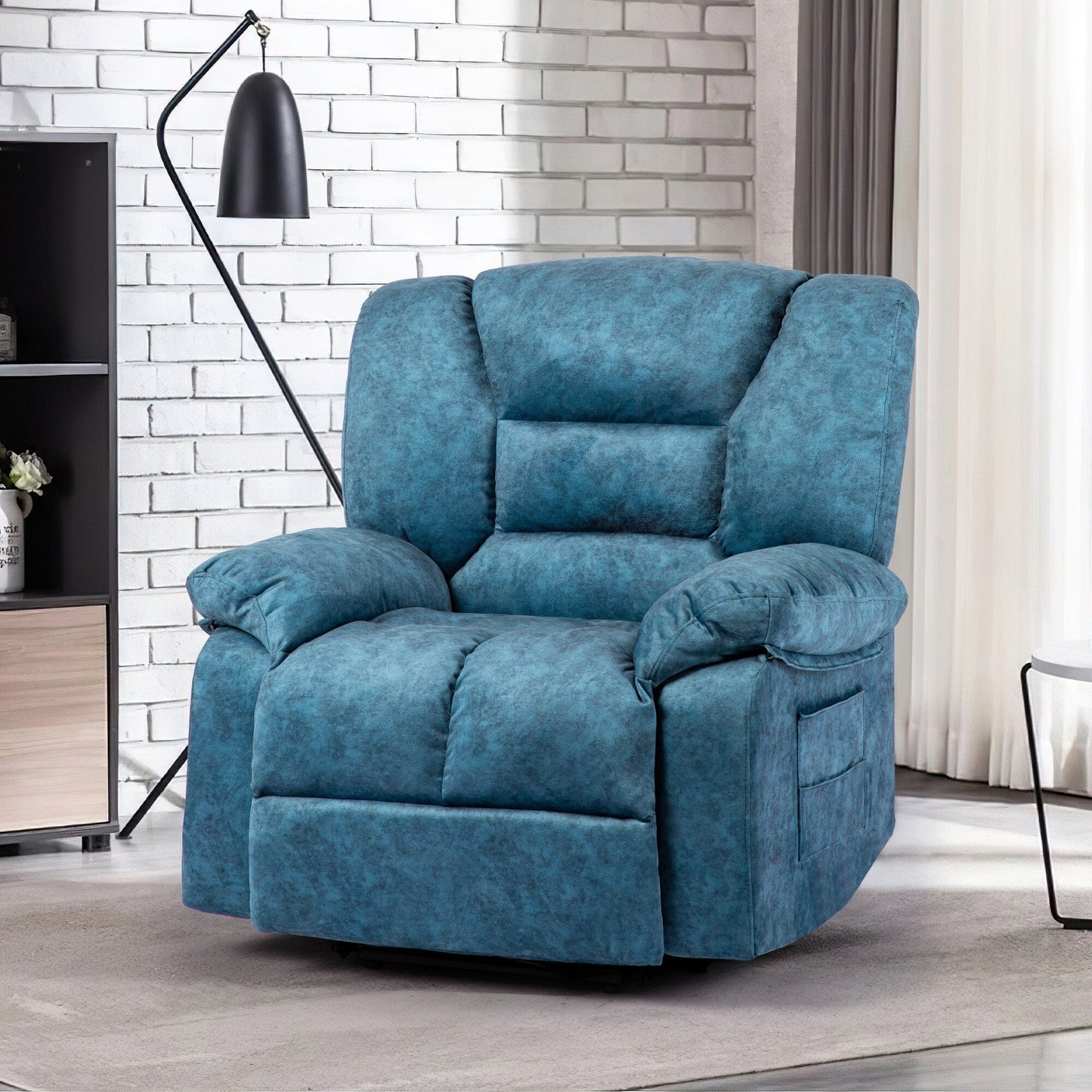Poltrona reclinabile manuale blu oversize con massaggio vibrante, riscaldamento lombare, tasche laterali
