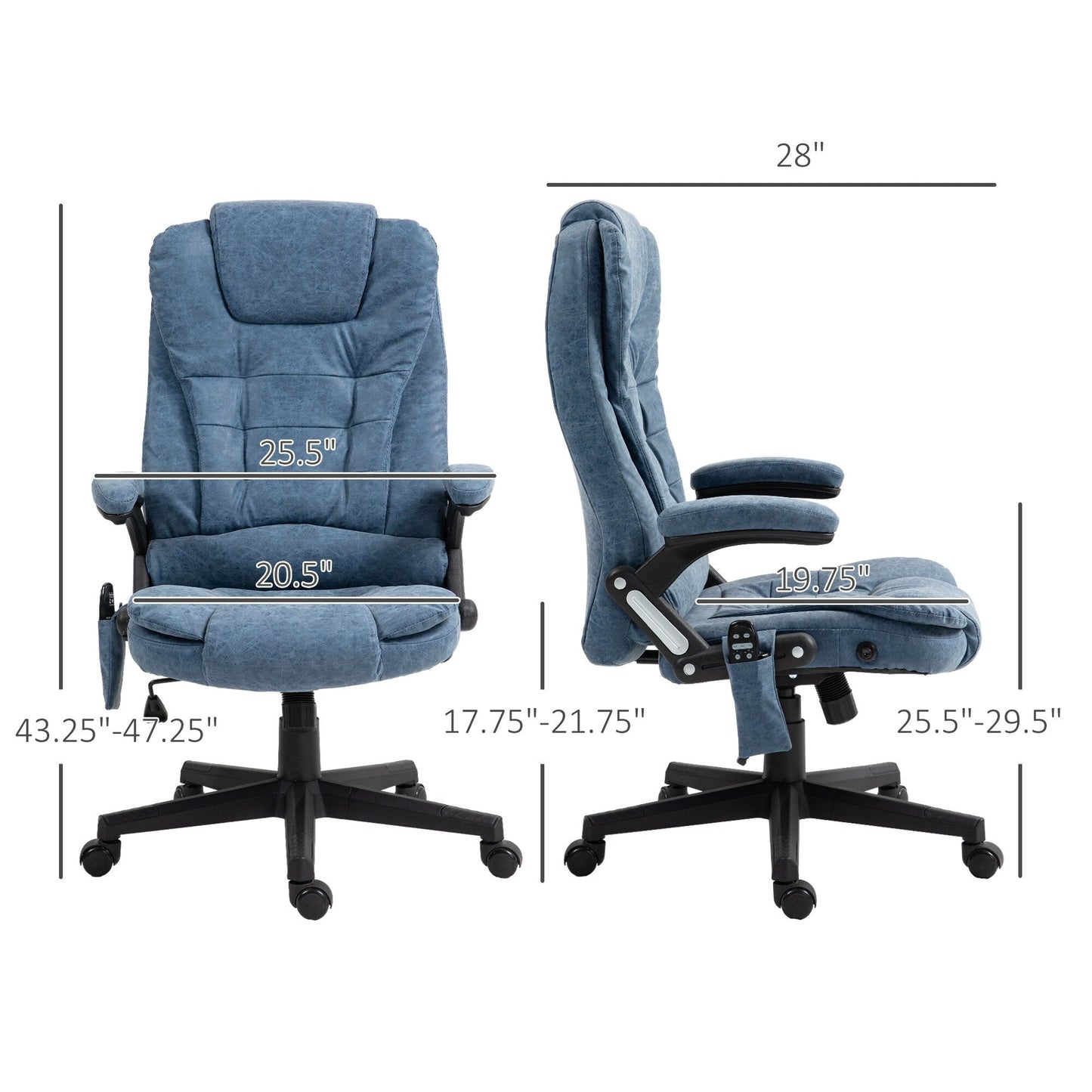 Poltrona reclinabile da ufficio con schienale alto girevole a 360° in similpelle blu, massaggio vibrante, riscaldamento lombare, altezza regolabile