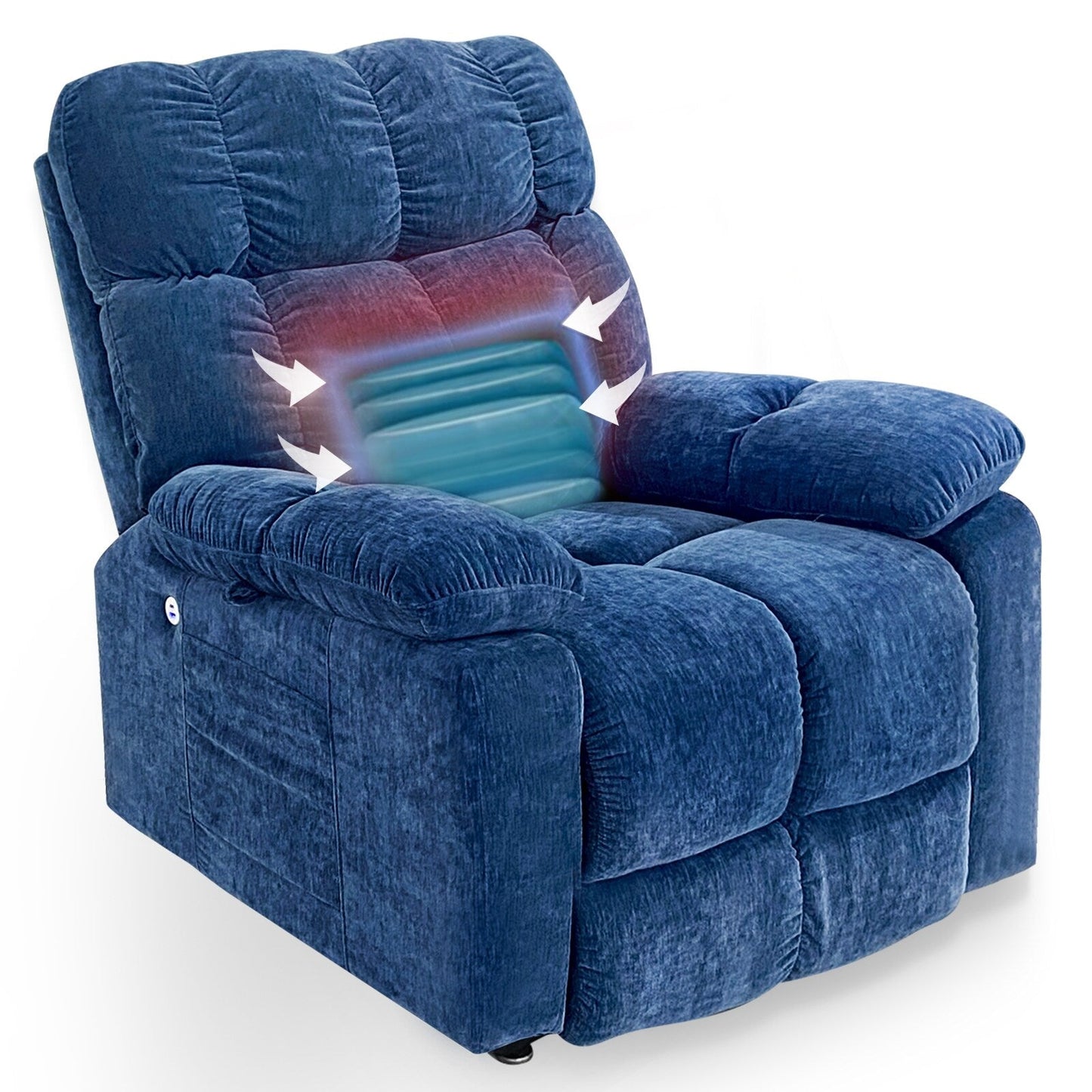 Poltrona reclinabile elettrica blu con doppi motori OKIN, massaggio con airbag, riscaldamento, reclinazione infinita, porte USB e vano portaoggetti laterale