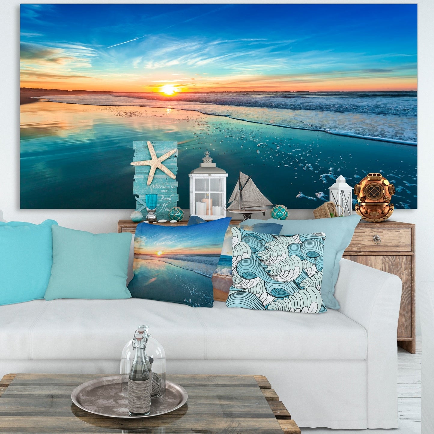 Spiaggia blu con tramonto lontano - Tela artistica da parete con spiaggia