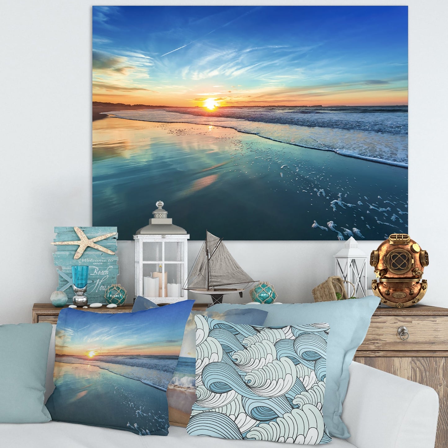 Spiaggia blu con tramonto lontano - Tela artistica da parete con spiaggia