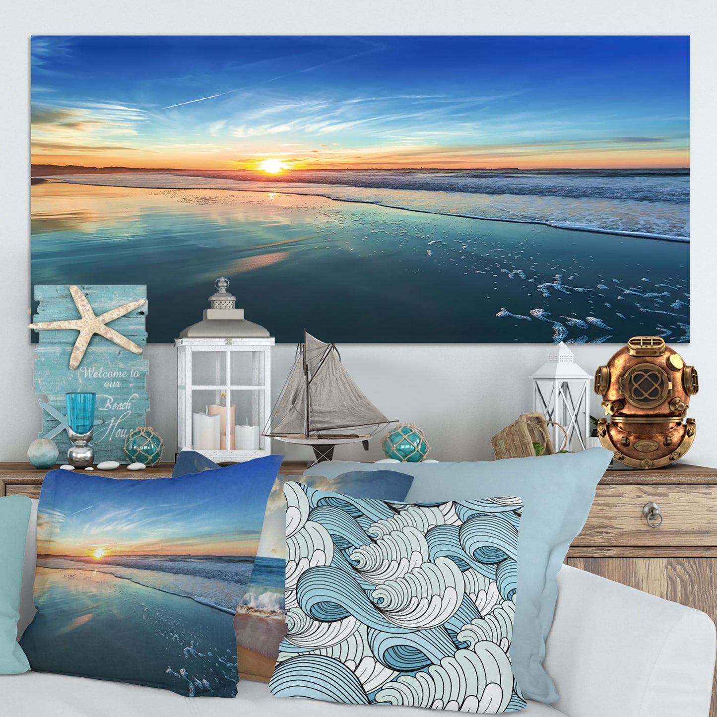 Spiaggia blu con tramonto lontano - Tela artistica da parete con spiaggia