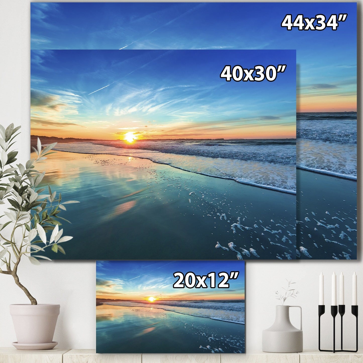 Spiaggia blu con tramonto lontano - Tela artistica da parete con spiaggia