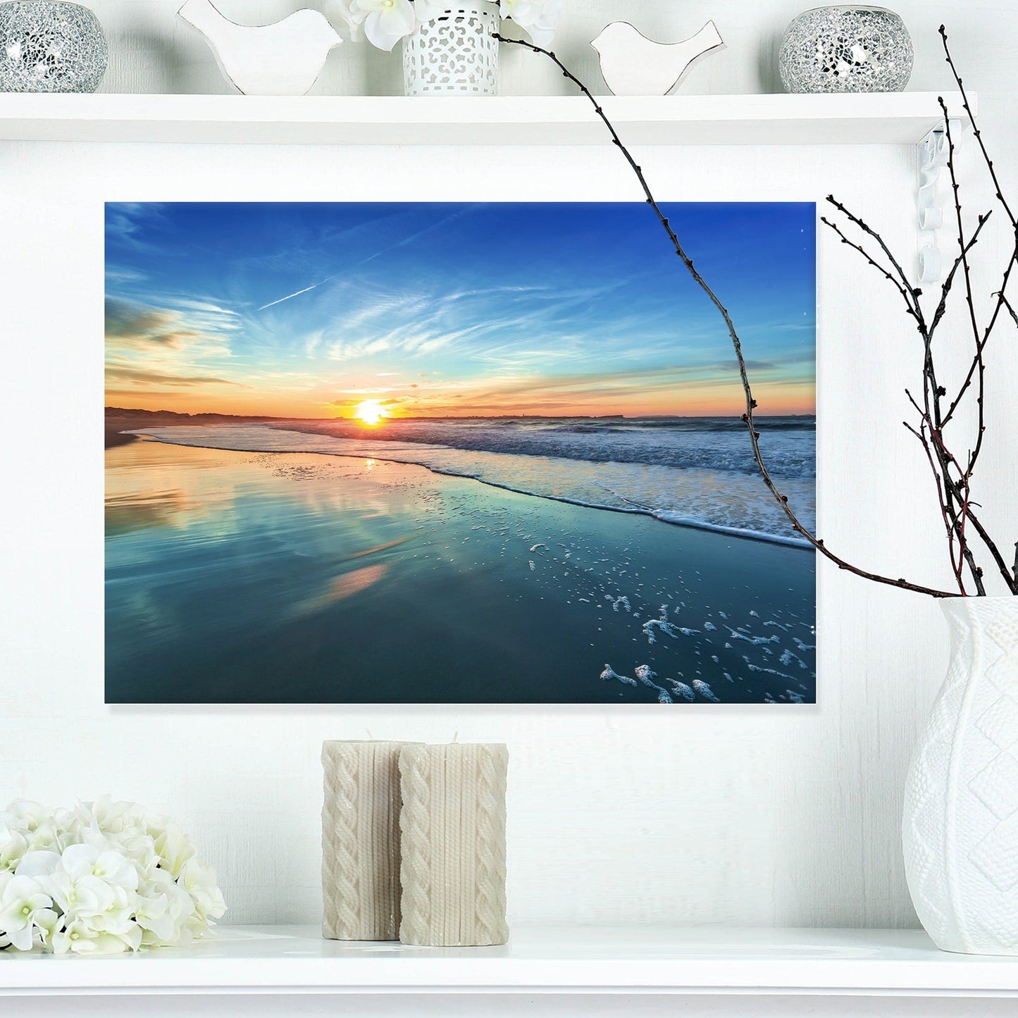 Spiaggia blu con tramonto lontano - Tela artistica da parete con spiaggia