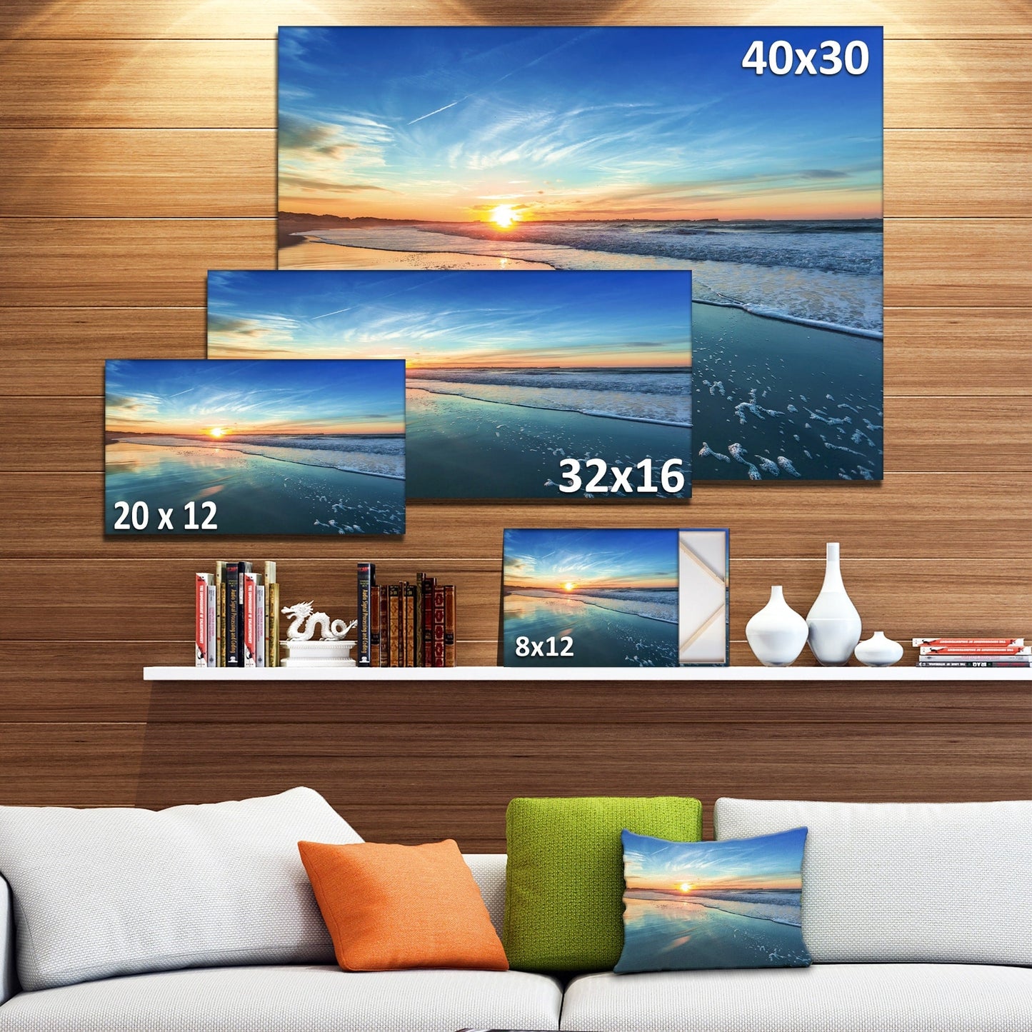Spiaggia blu con tramonto lontano - Tela artistica da parete con spiaggia