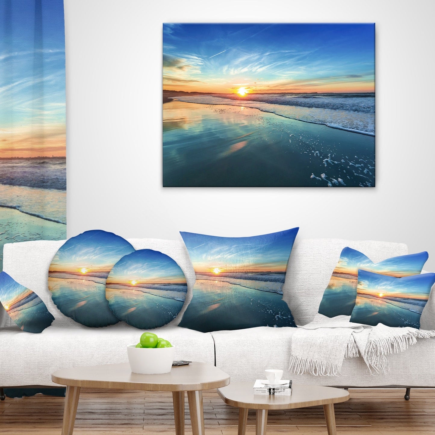 Spiaggia blu con tramonto lontano - Tela artistica da parete con spiaggia