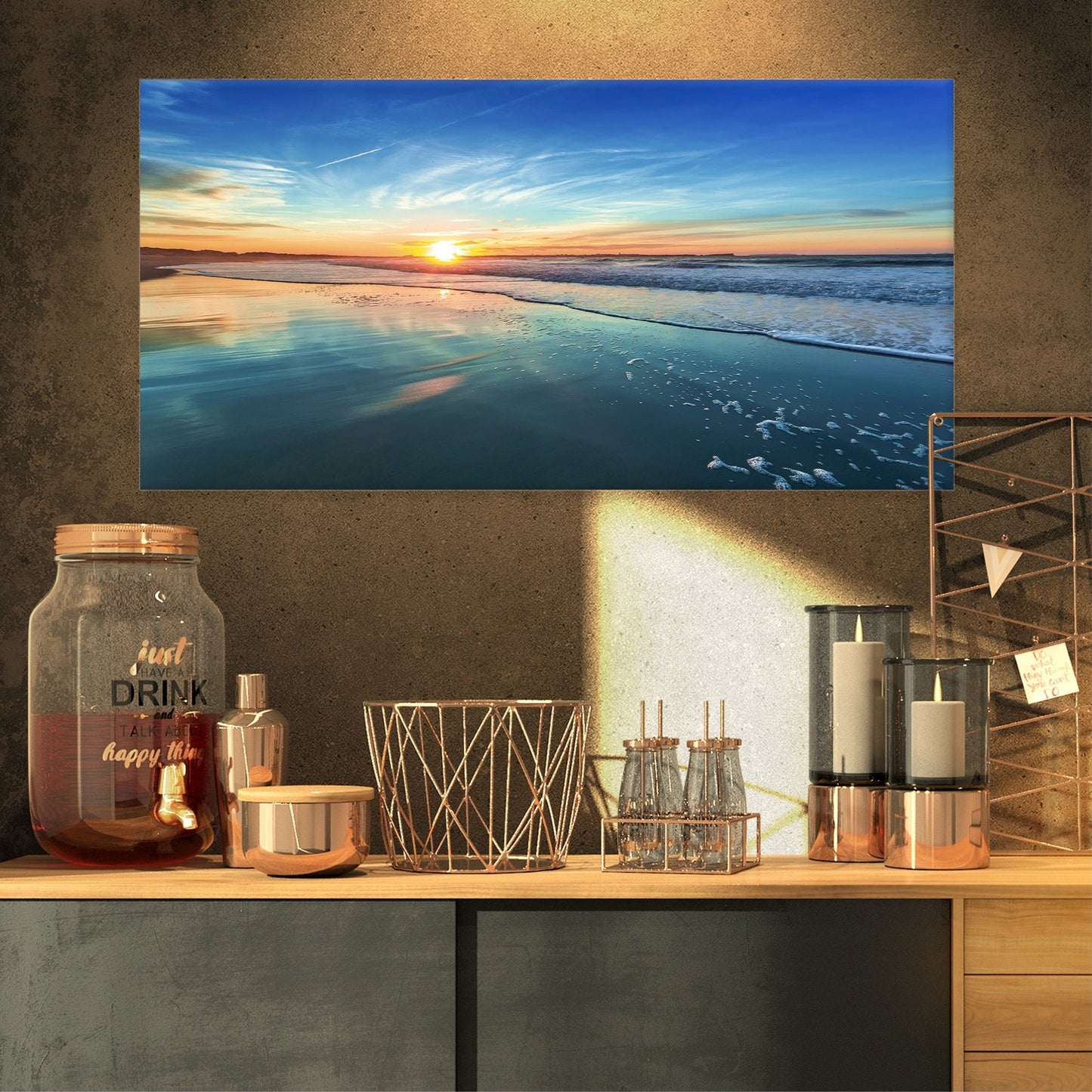 Spiaggia blu con tramonto lontano - Tela artistica da parete con spiaggia