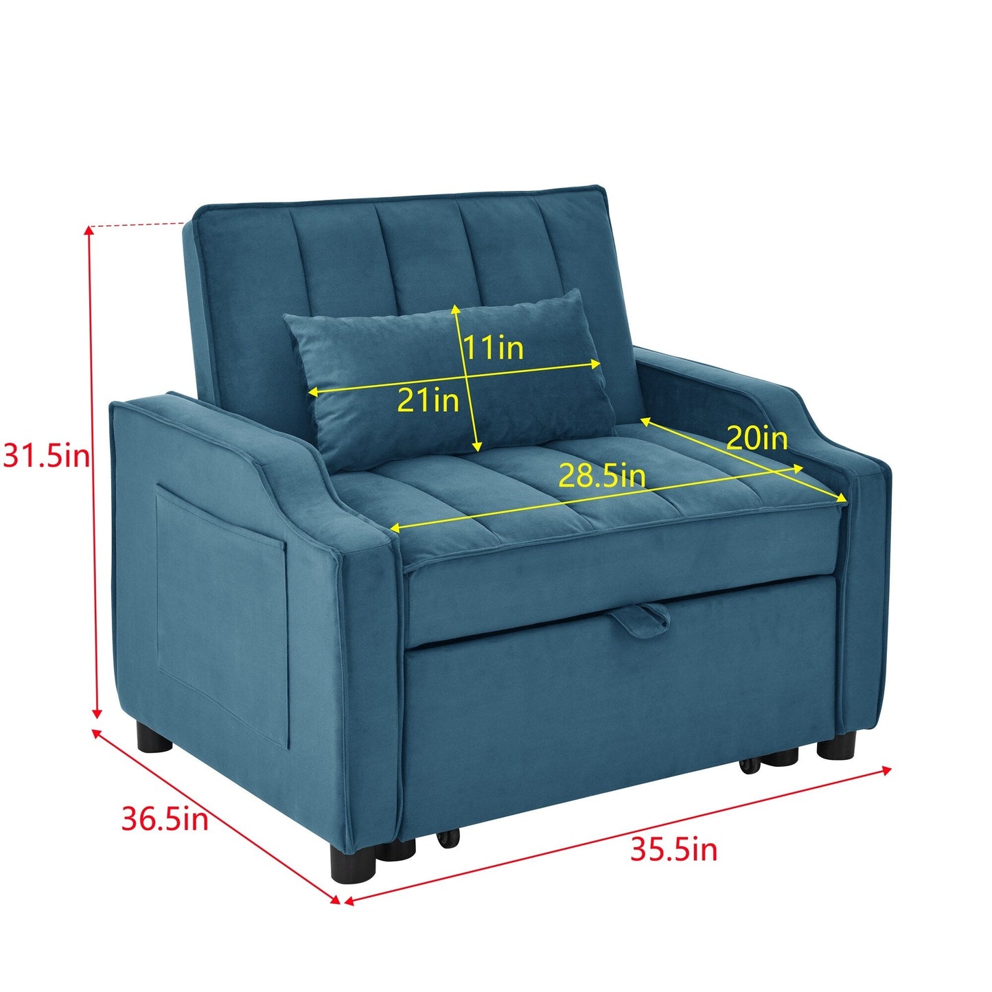 Divano letto singolo convertibile in velluto blu da 35,5 pollici con letto estraibile, tasca portaoggetti e cuscini