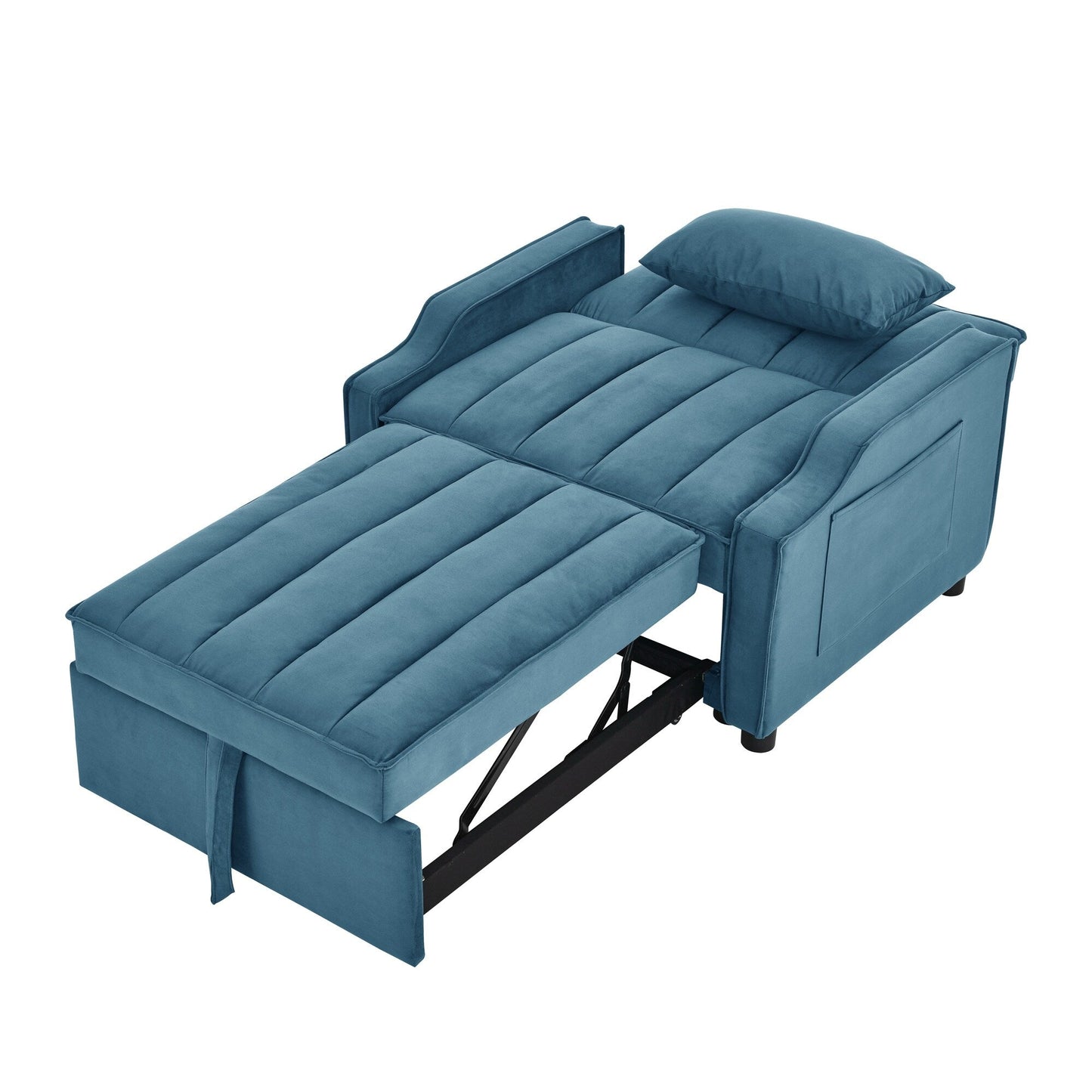 Divano letto singolo convertibile in velluto blu da 35,5 pollici con letto estraibile, tasca portaoggetti e cuscini