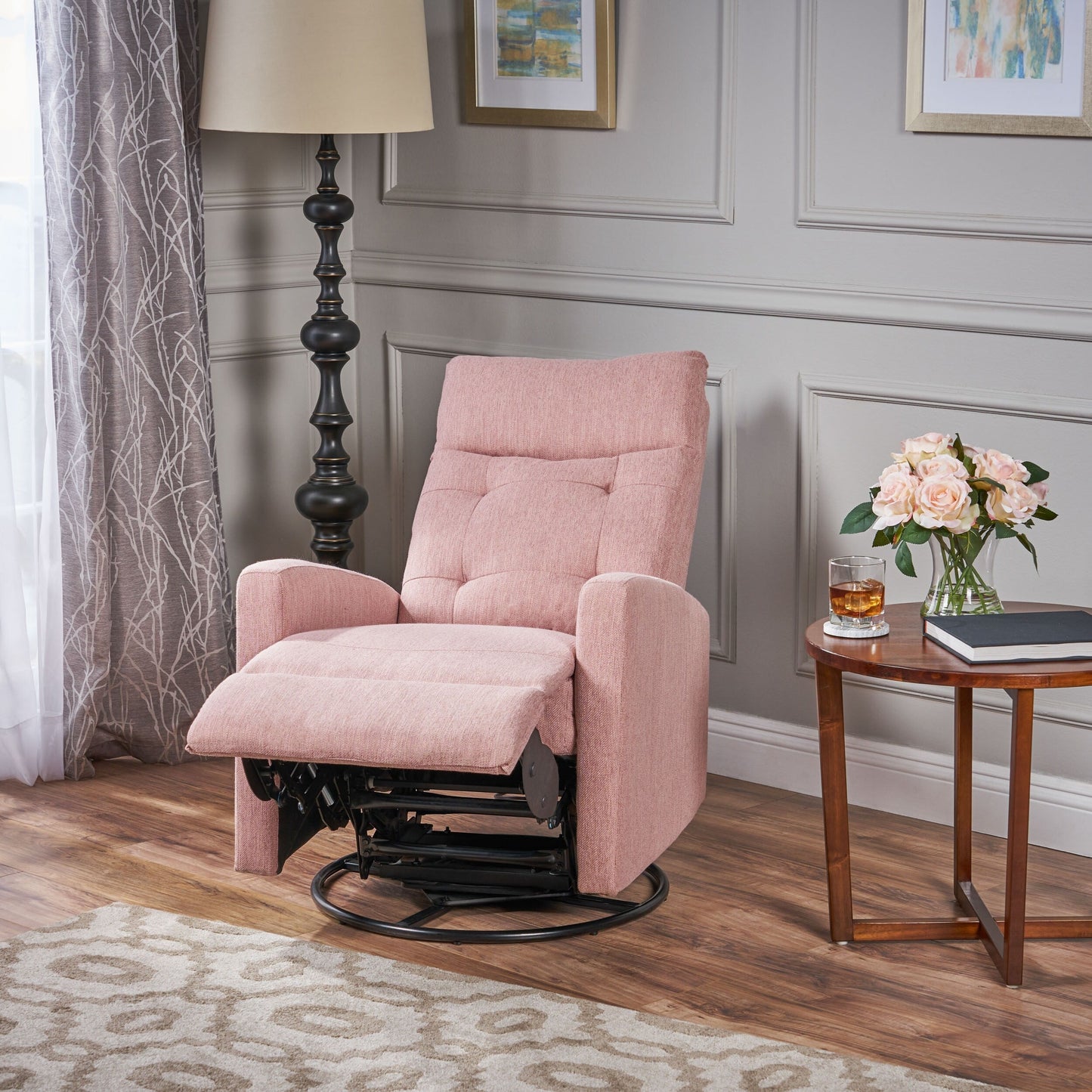 Poltrona reclinabile girevole moderna imbottita in tessuto Blush con poggiapiedi e schienale imbottito