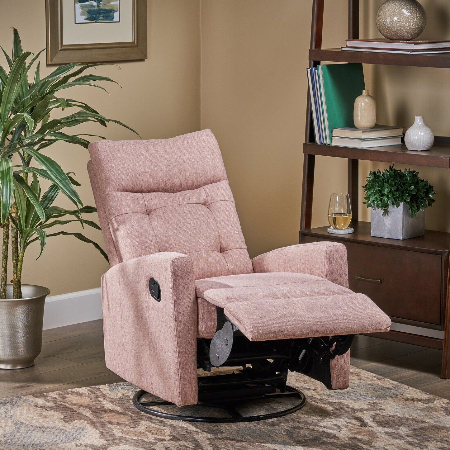 Poltrona reclinabile girevole moderna imbottita in tessuto Blush con poggiapiedi e schienale imbottito