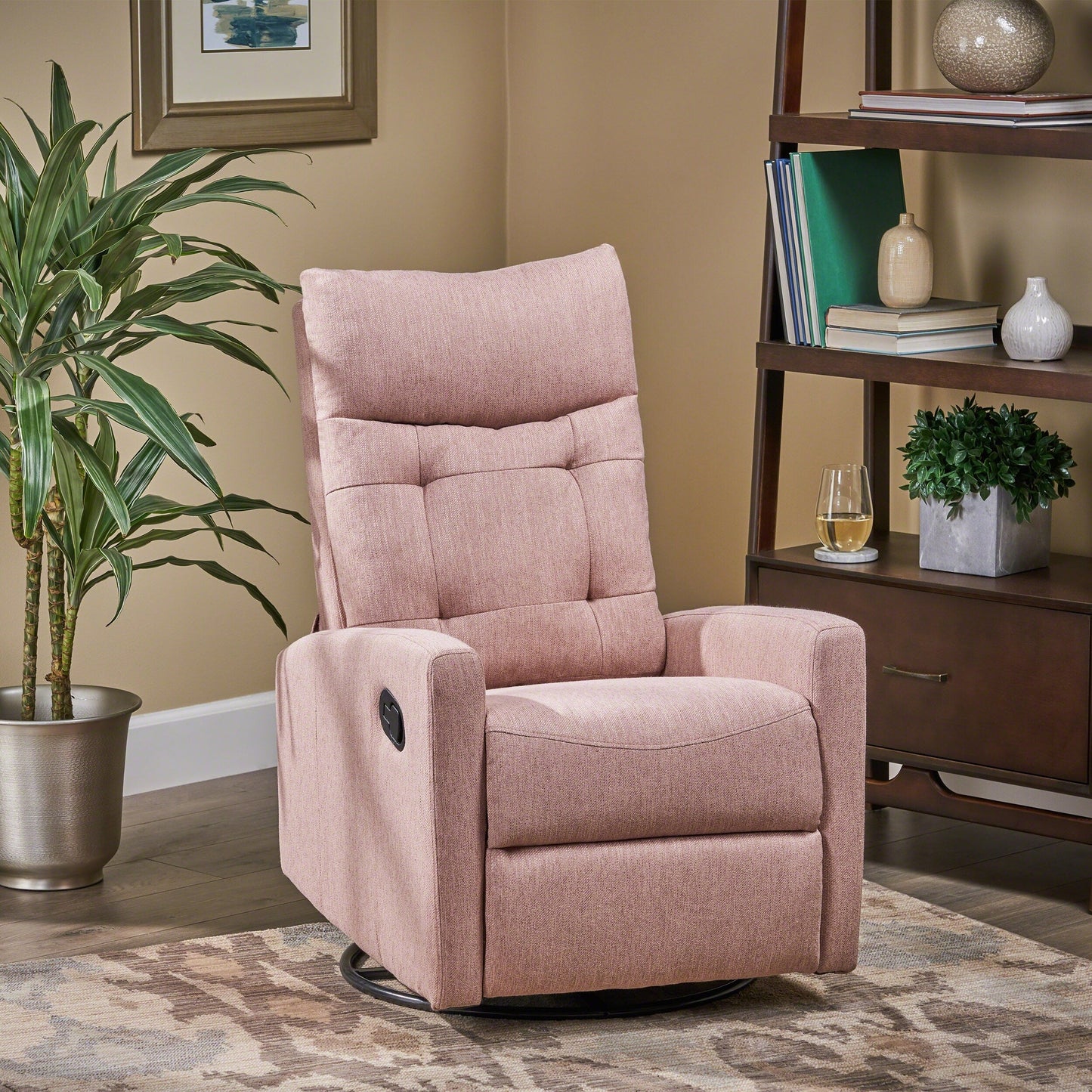 Poltrona reclinabile girevole moderna imbottita in tessuto Blush con poggiapiedi e schienale imbottito