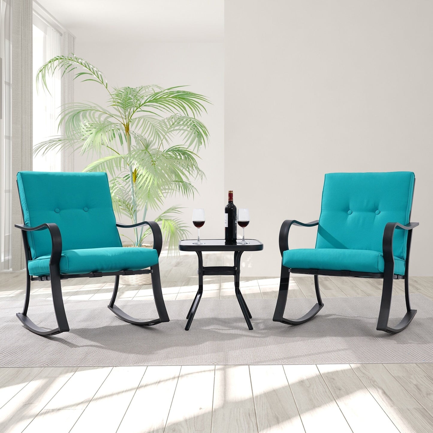 Set da bistrot per patio con sedia a dondolo da esterno Bonosuki da 3 pezzi con tavolino laterale