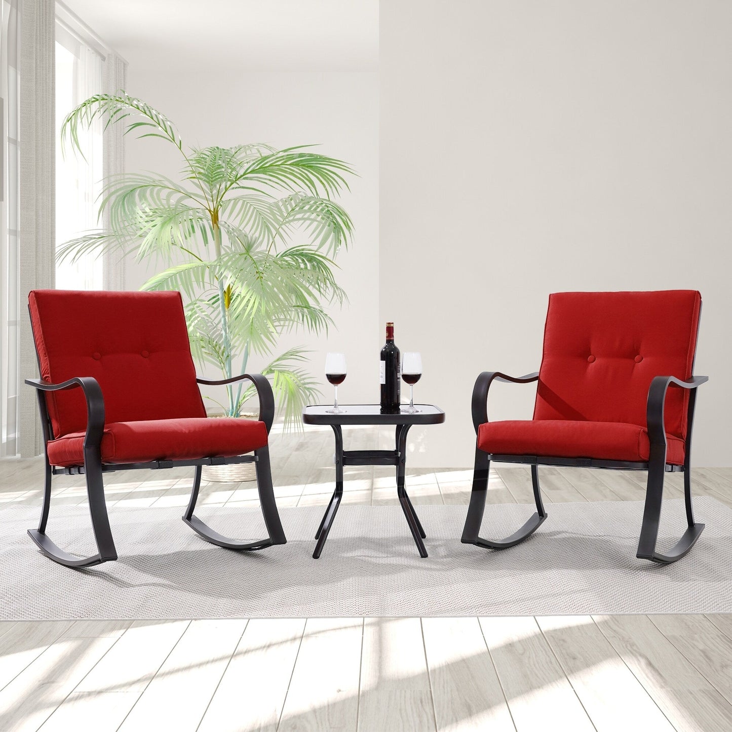 Set da bistrot per patio con sedia a dondolo da esterno Bonosuki da 3 pezzi con tavolino laterale