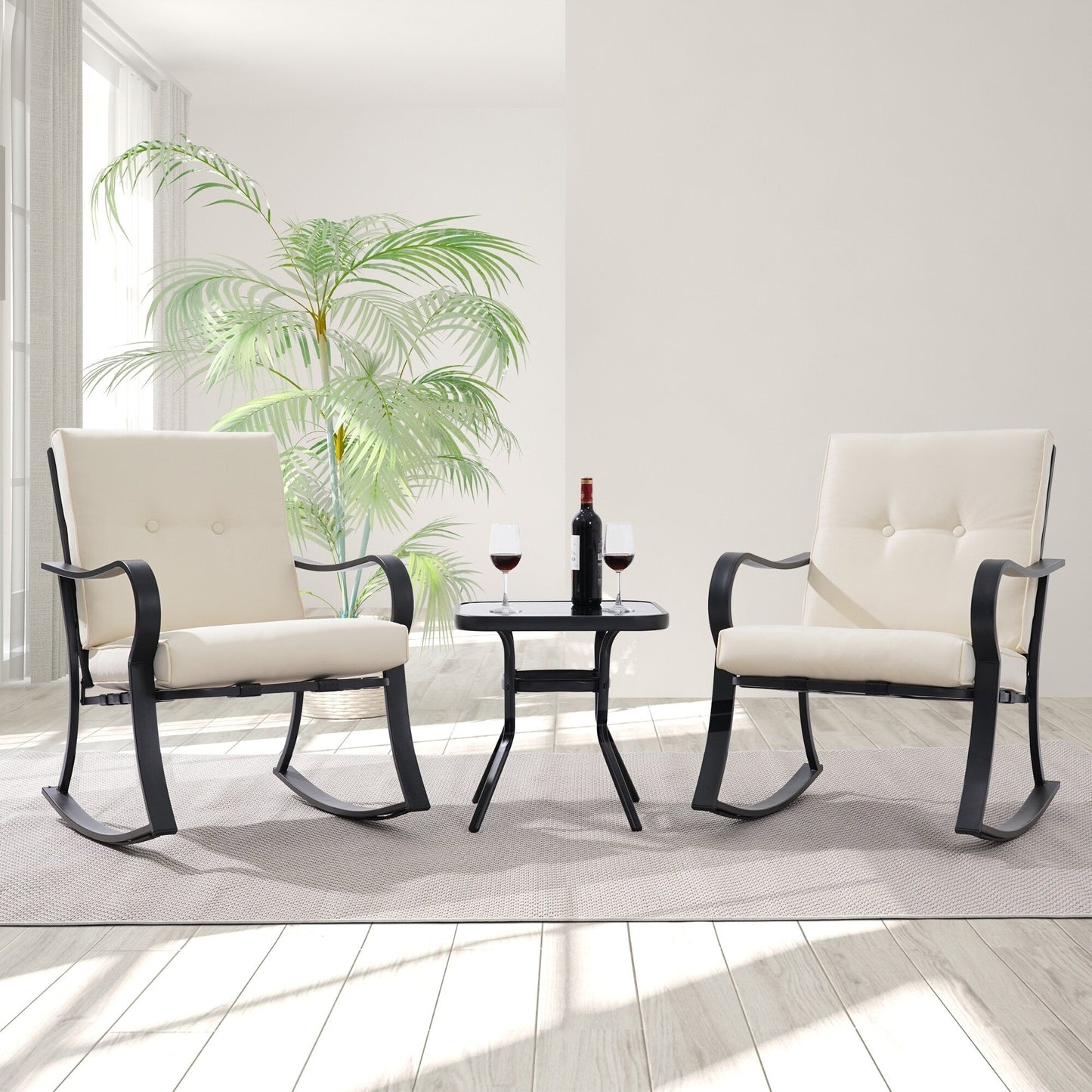 Set da bistrot per patio con sedia a dondolo da esterno Bonosuki da 3 pezzi con tavolino laterale