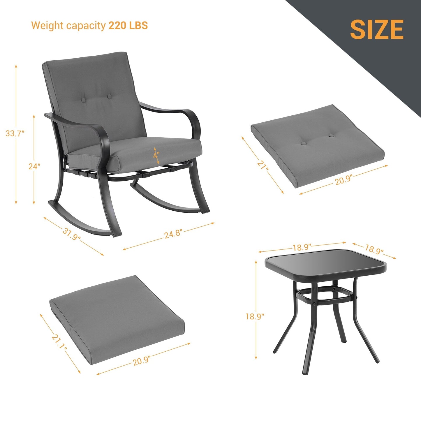 Set da bistrot per patio con sedia a dondolo da esterno Bonosuki da 3 pezzi con tavolino laterale