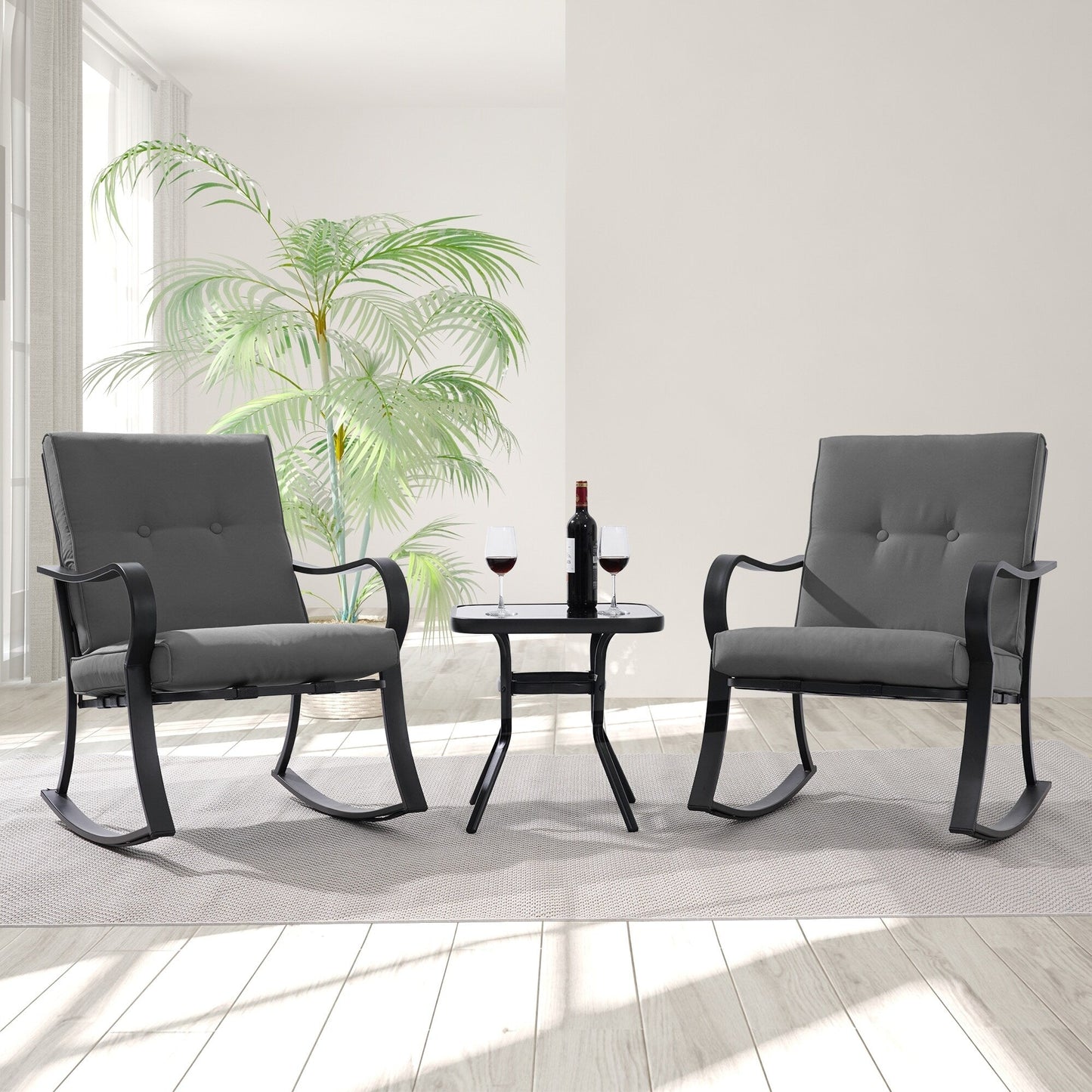 Set da bistrot per patio con sedia a dondolo da esterno Bonosuki da 3 pezzi con tavolino laterale