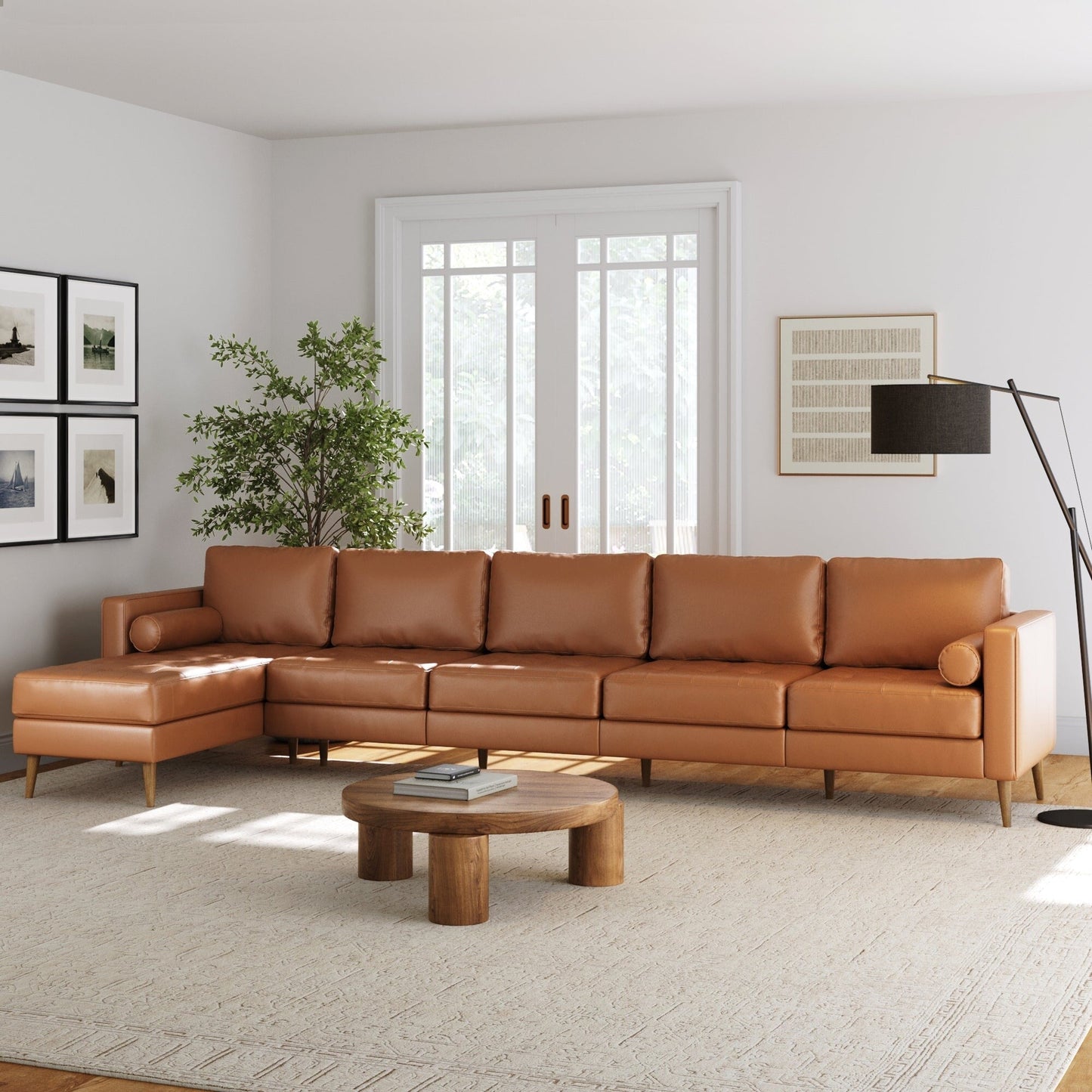 Divano Breeze Mid Century Modern, divano in pelle con cuscino trapuntato e struttura in legno massello