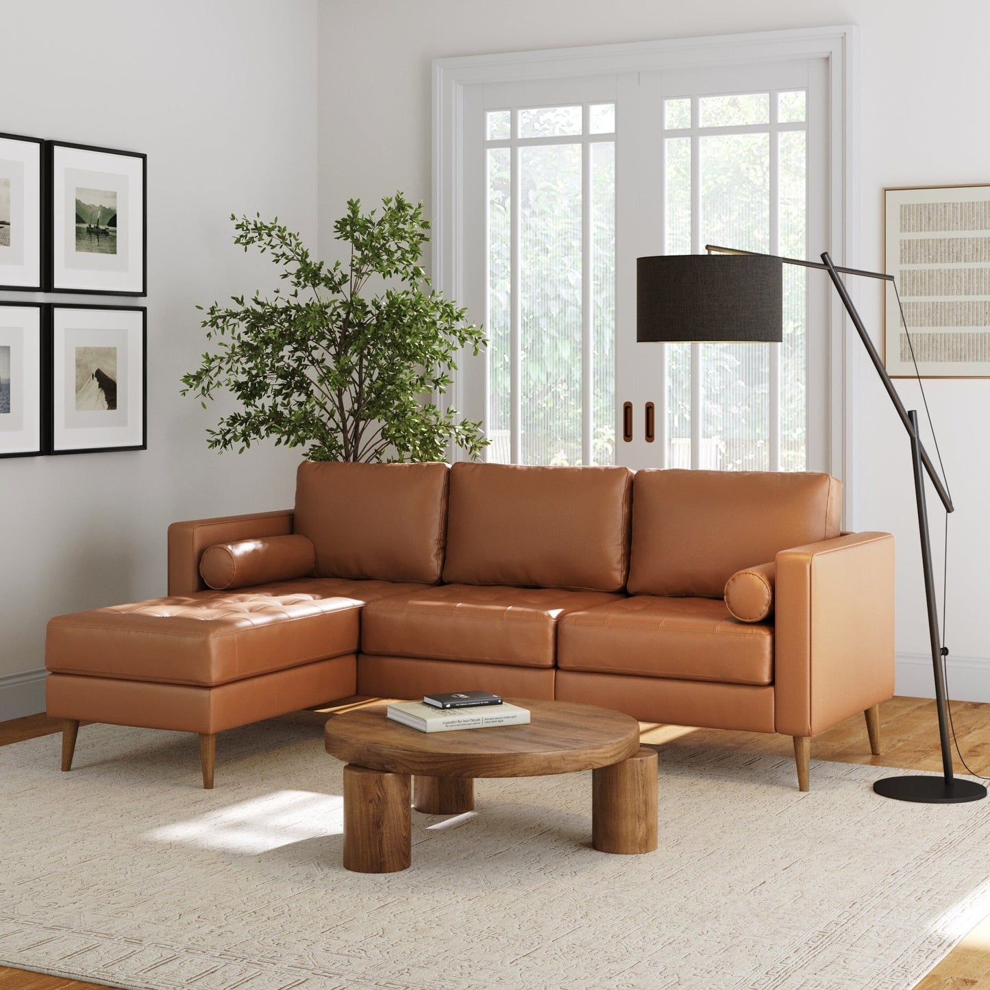 Divano Breeze Mid Century Modern, divano in pelle con cuscino trapuntato e struttura in legno massello