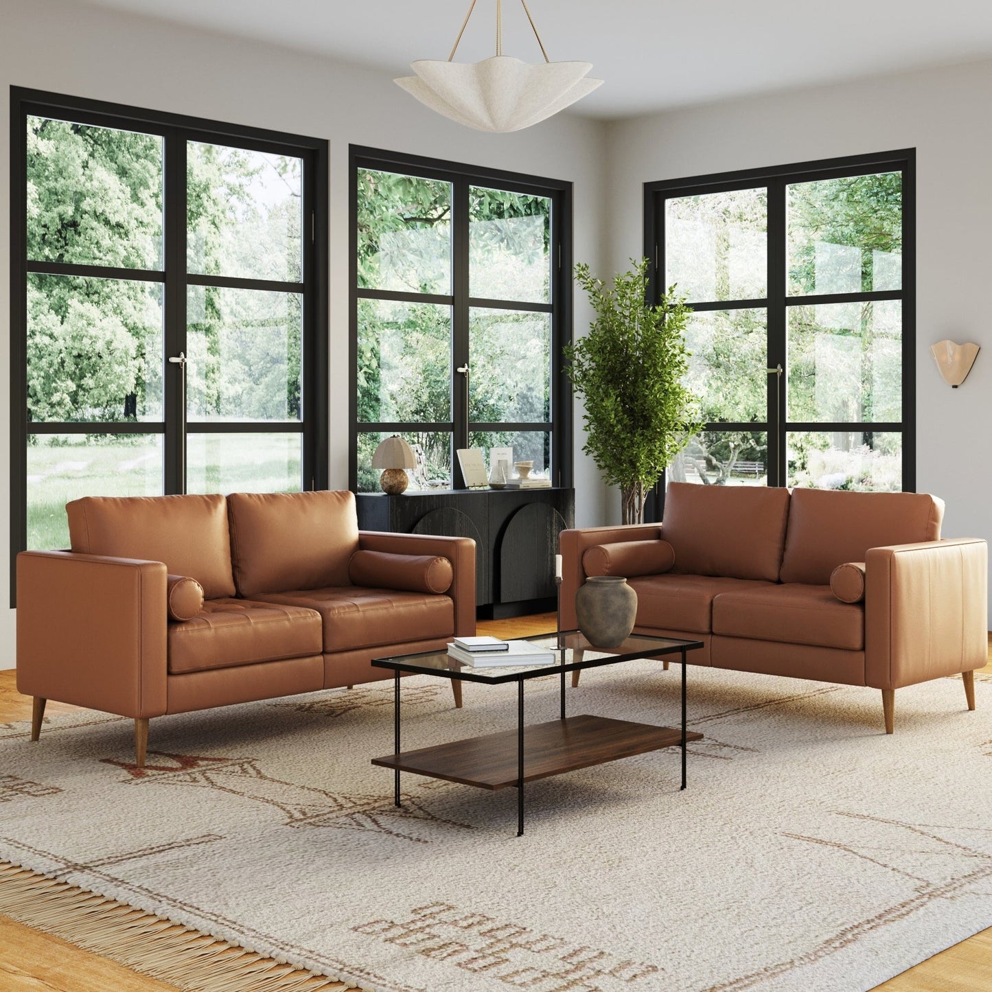 Divano Breeze Mid Century Modern, divano in pelle con cuscino trapuntato e struttura in legno massello