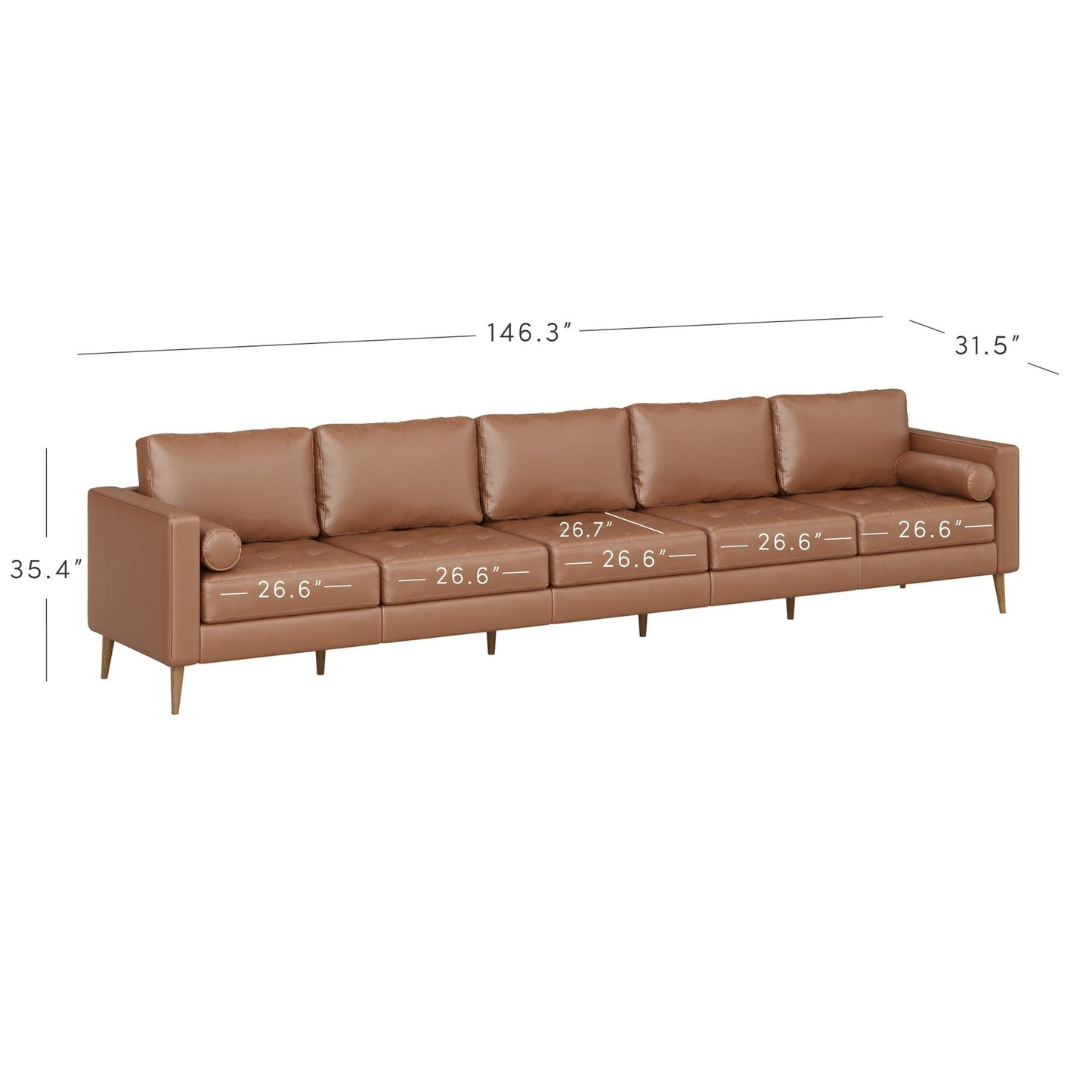 Divano Breeze Mid Century Modern, divano in pelle con cuscino trapuntato e struttura in legno massello