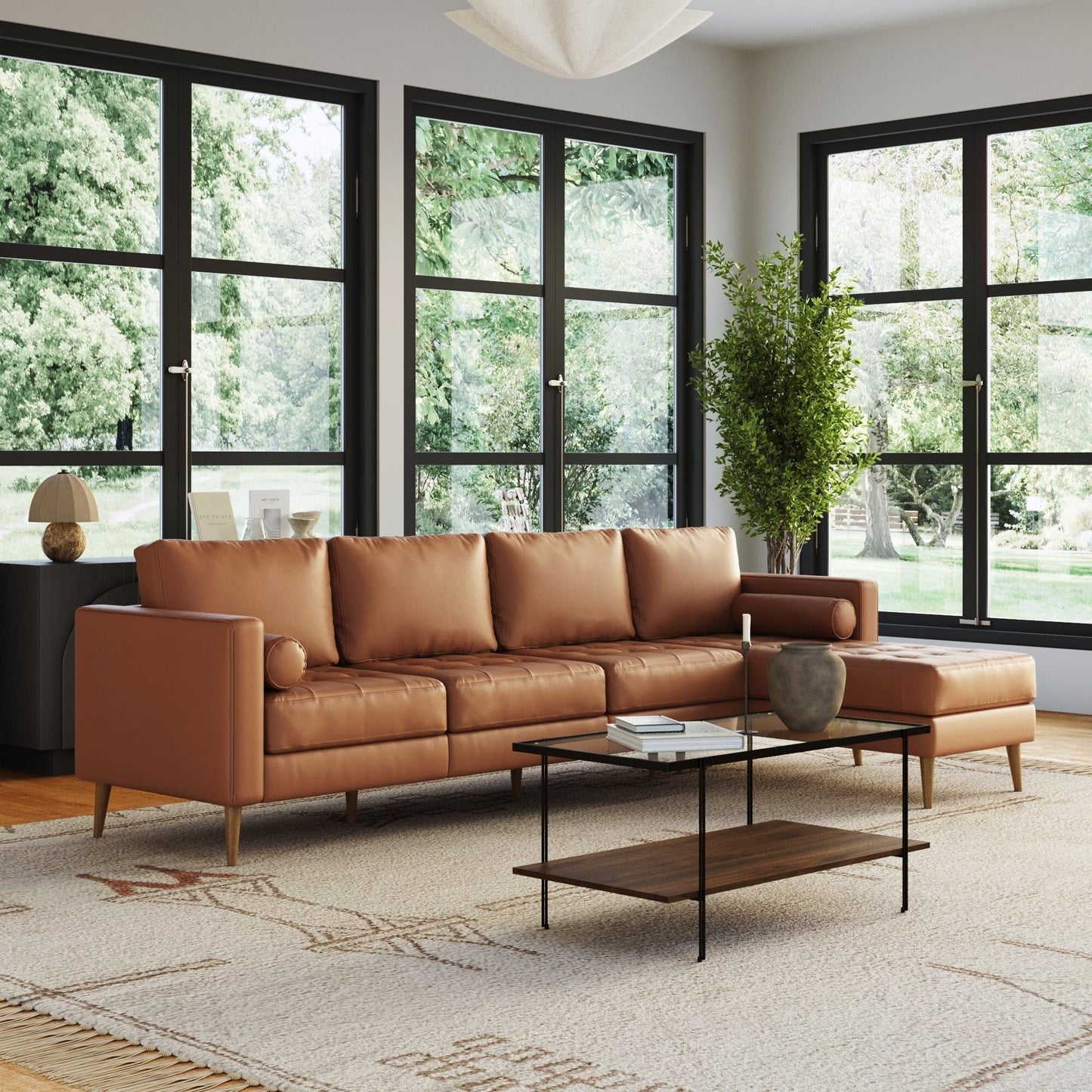 Divano Breeze Mid Century Modern, divano in pelle con cuscino trapuntato e struttura in legno massello