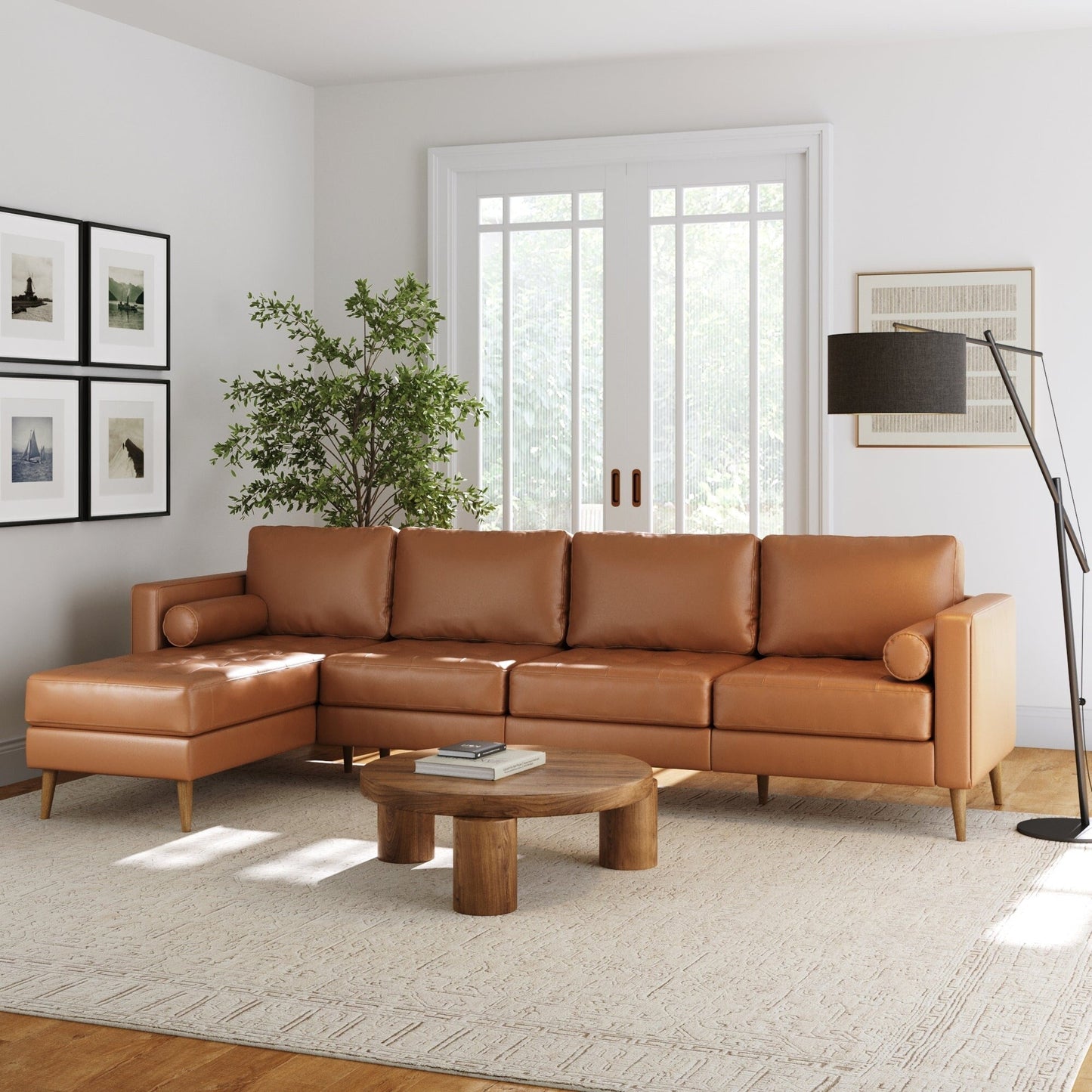 Divano Breeze Mid Century Modern, divano in pelle con cuscino trapuntato e struttura in legno massello