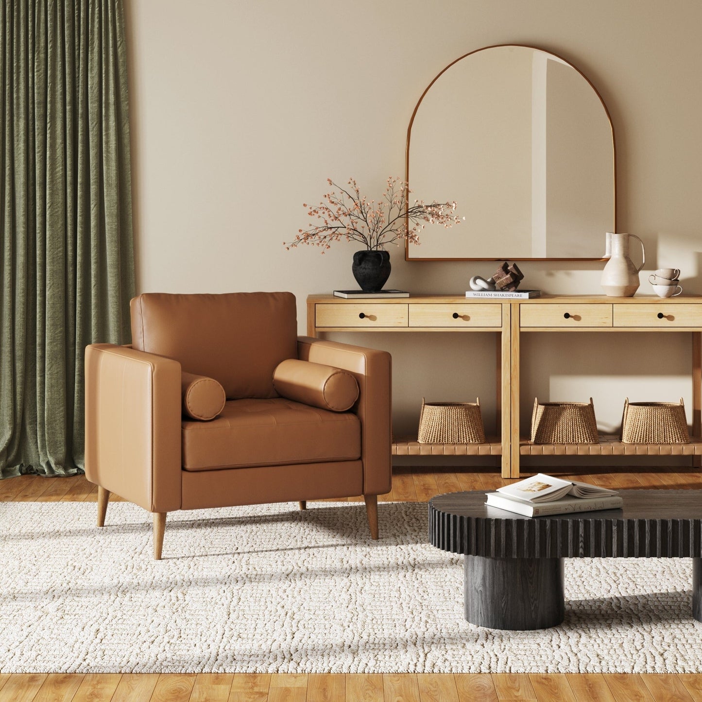 Divano Breeze Mid Century Modern, divano in pelle con cuscino trapuntato e struttura in legno massello