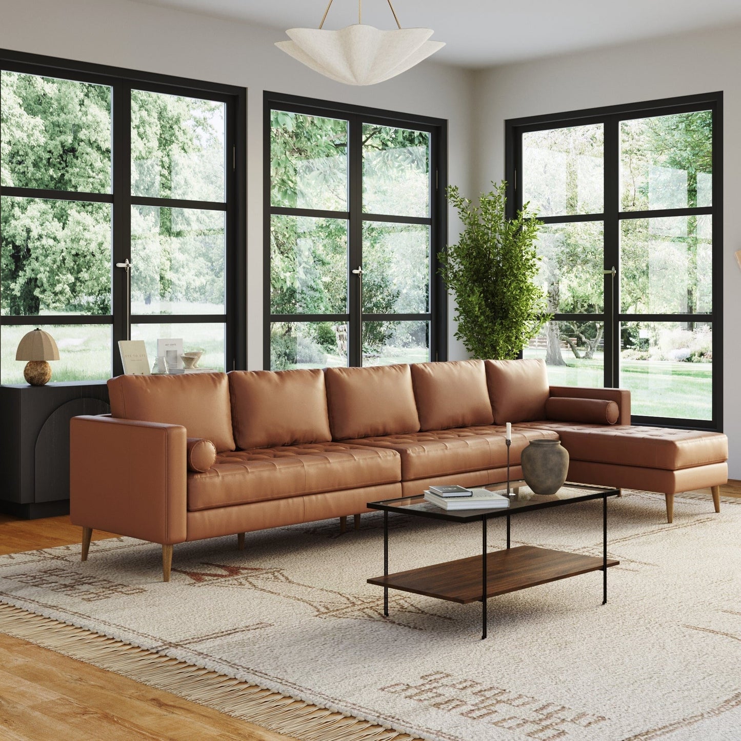 Divano Breeze Mid Century Modern, divano in pelle con cuscino trapuntato e struttura in legno massello