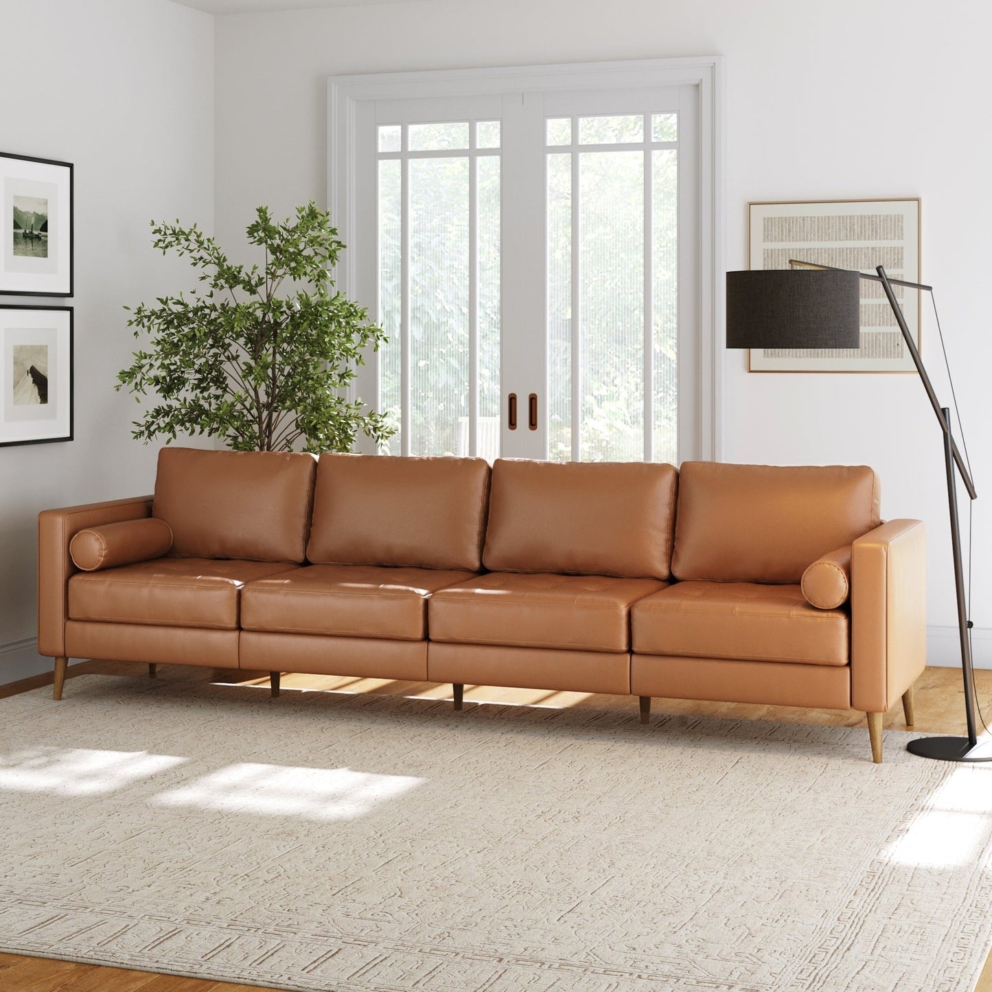Divano Breeze Mid Century Modern, divano in pelle con cuscino trapuntato e struttura in legno massello