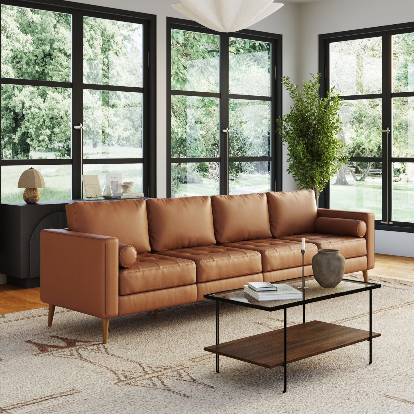 Divano Breeze Mid Century Modern, divano in pelle con cuscino trapuntato e struttura in legno massello