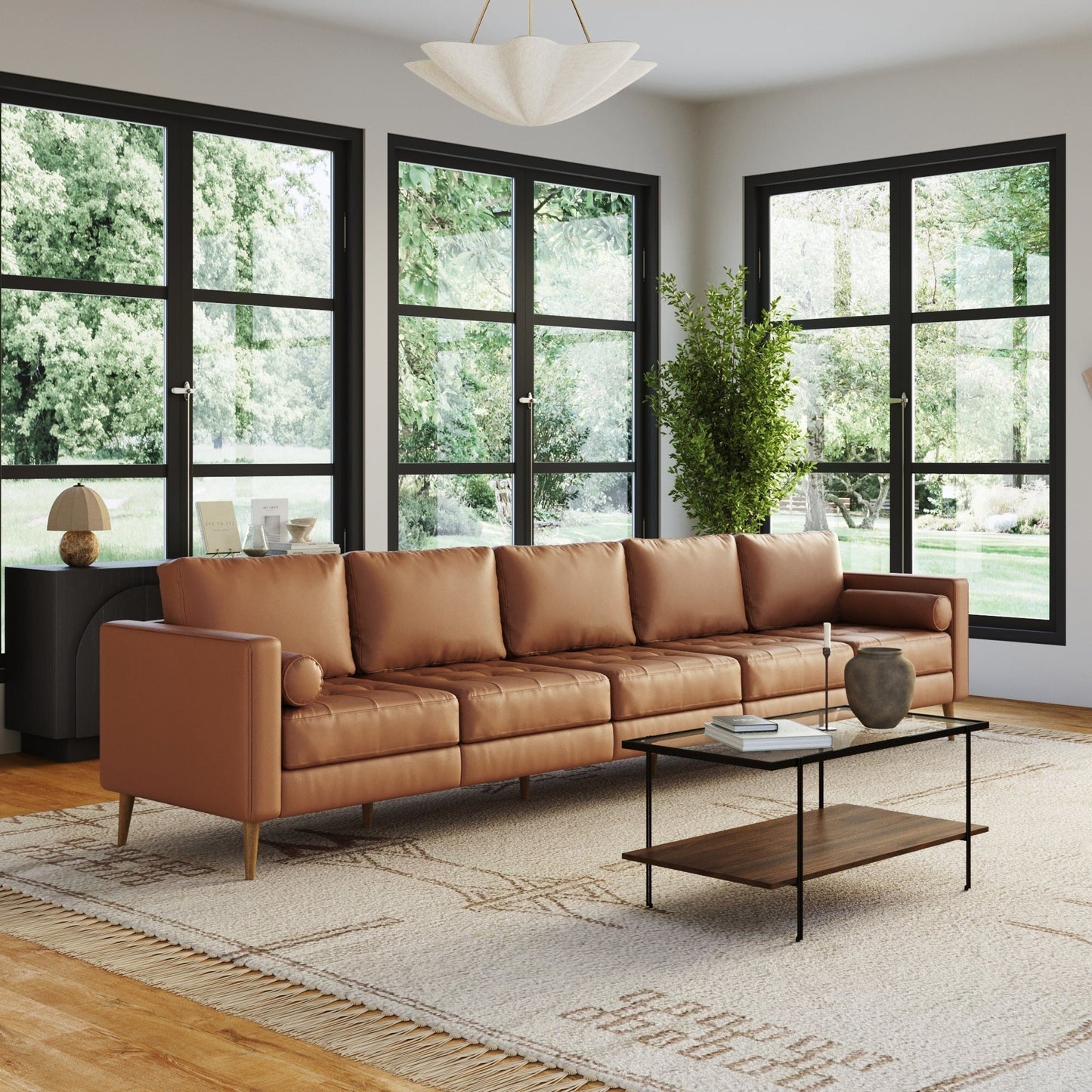 Divano Breeze Mid Century Modern, divano in pelle con cuscino trapuntato e struttura in legno massello