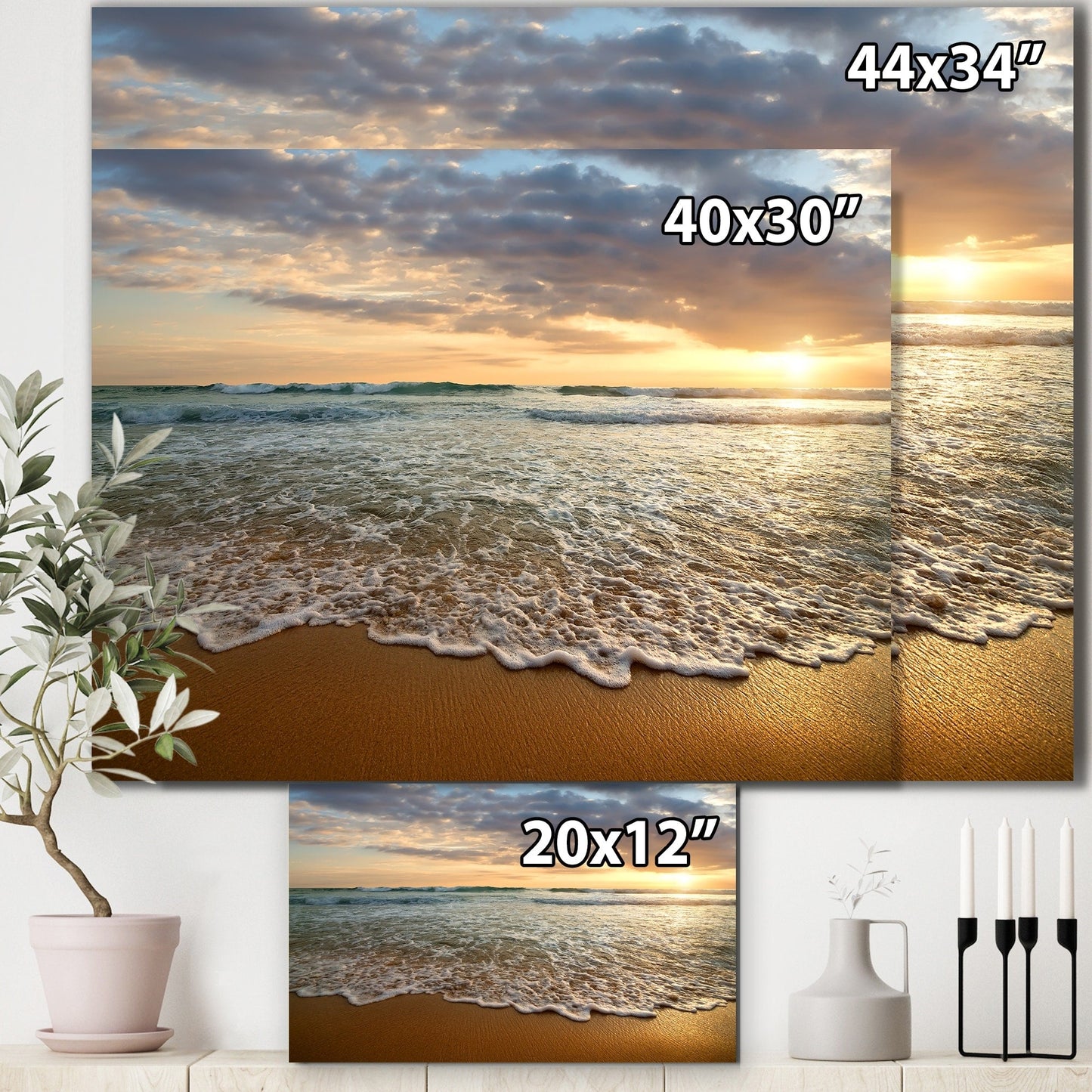 Tramonto luminoso e nuvoloso nell'oceano calmo - Tela artistica con paesaggio marino contemporaneo