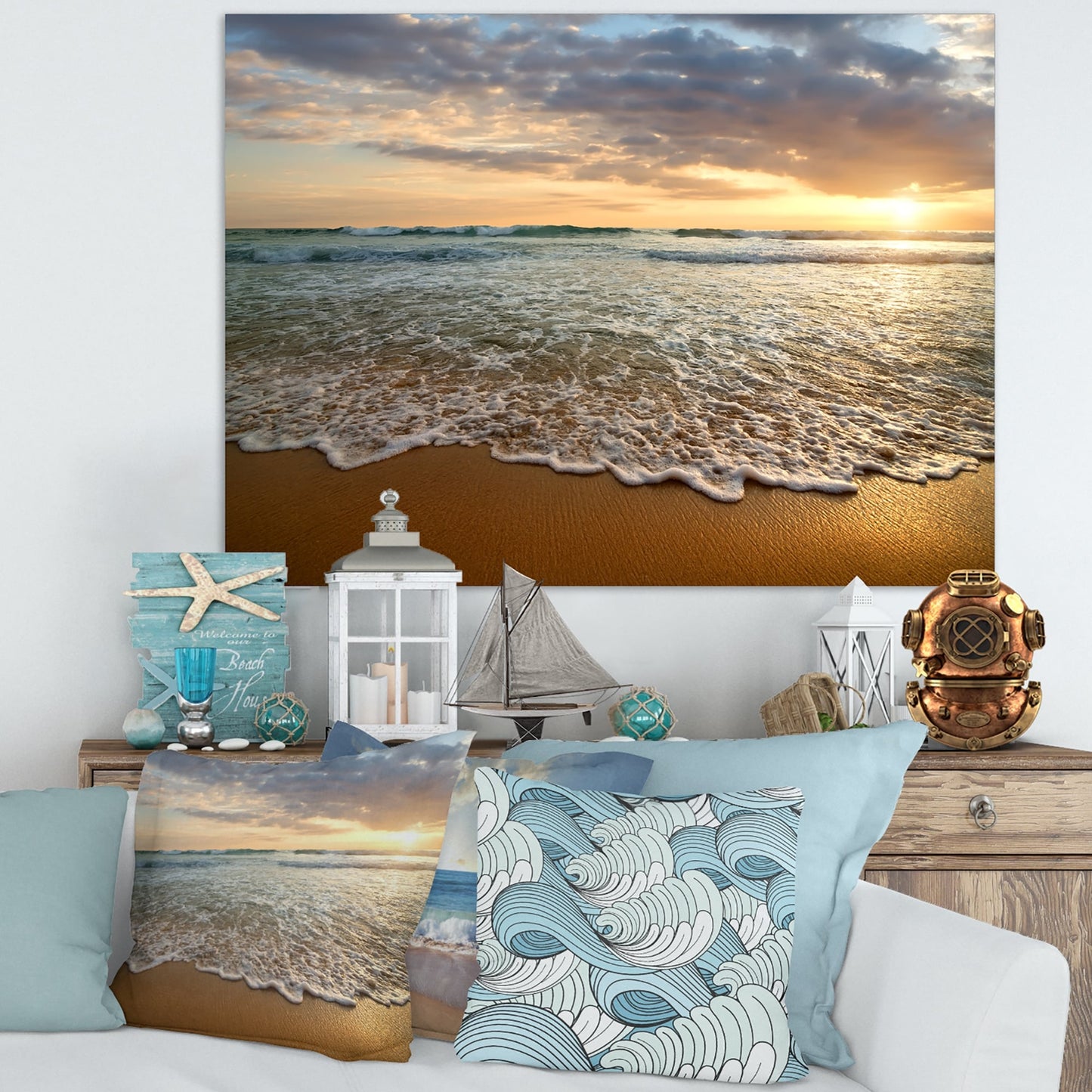 Tramonto luminoso e nuvoloso nell'oceano calmo - Tela artistica con paesaggio marino contemporaneo