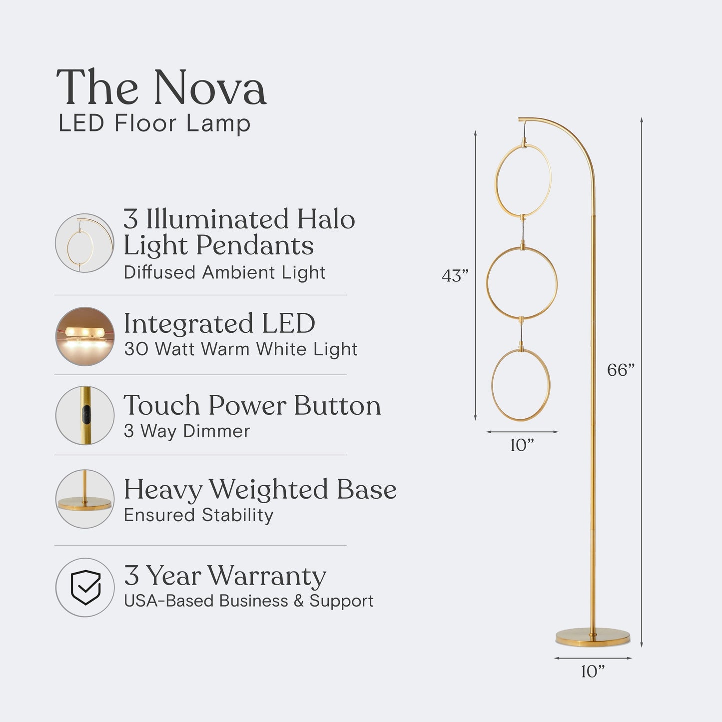 Lampada da terra super luminosa a LED Brightech Nova da 74 pollici con 3 anelli luminosi industriali e dimmer a 3 vie