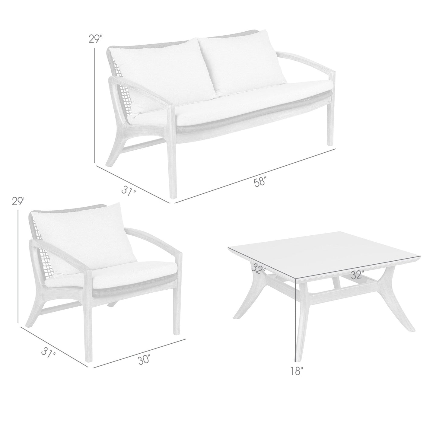 Set da chat Brighton in legno massello e corda, 4 pezzi
