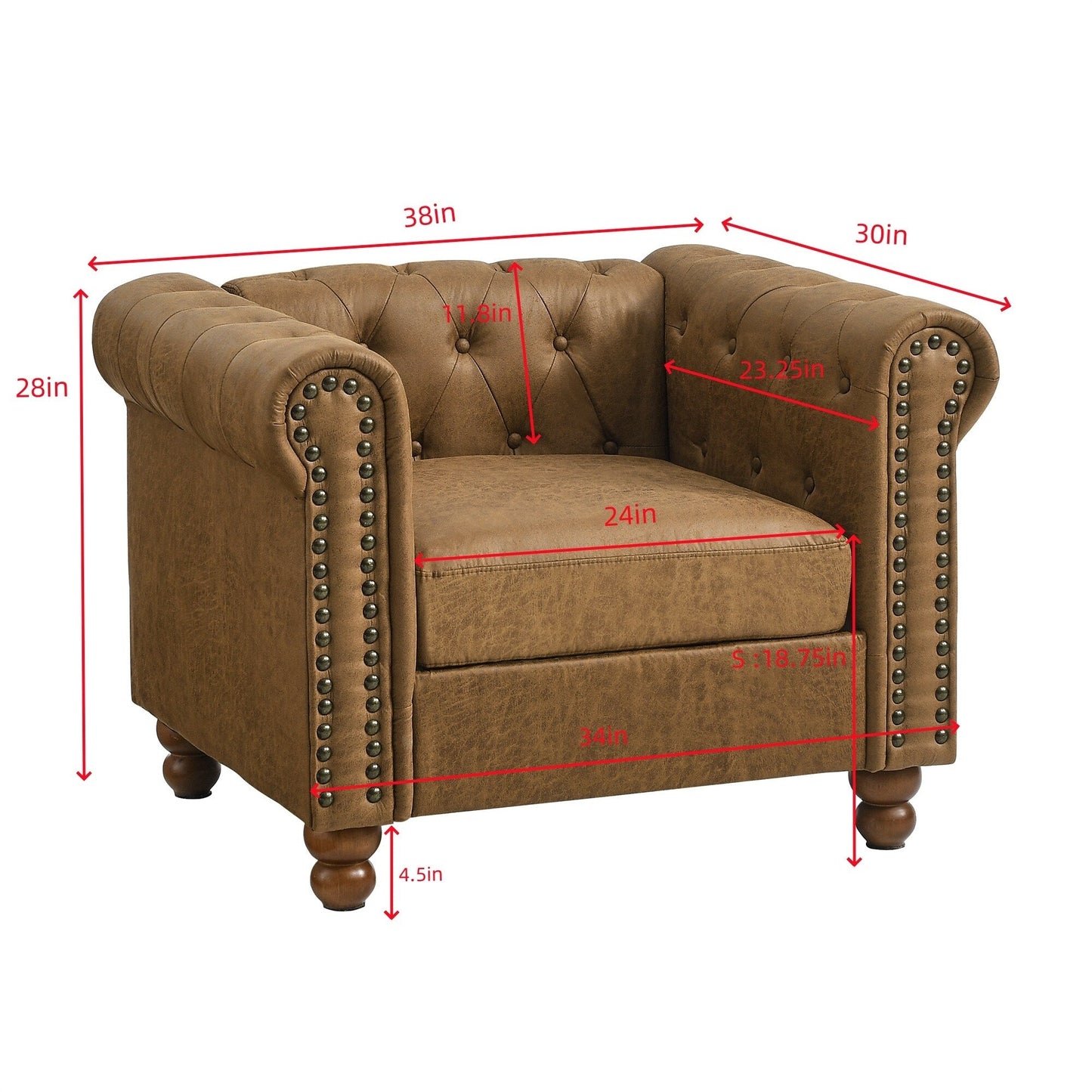 Divano monoposto imbottito in tessuto marrone da 32'' con design capitonné e robuste gambe in legno