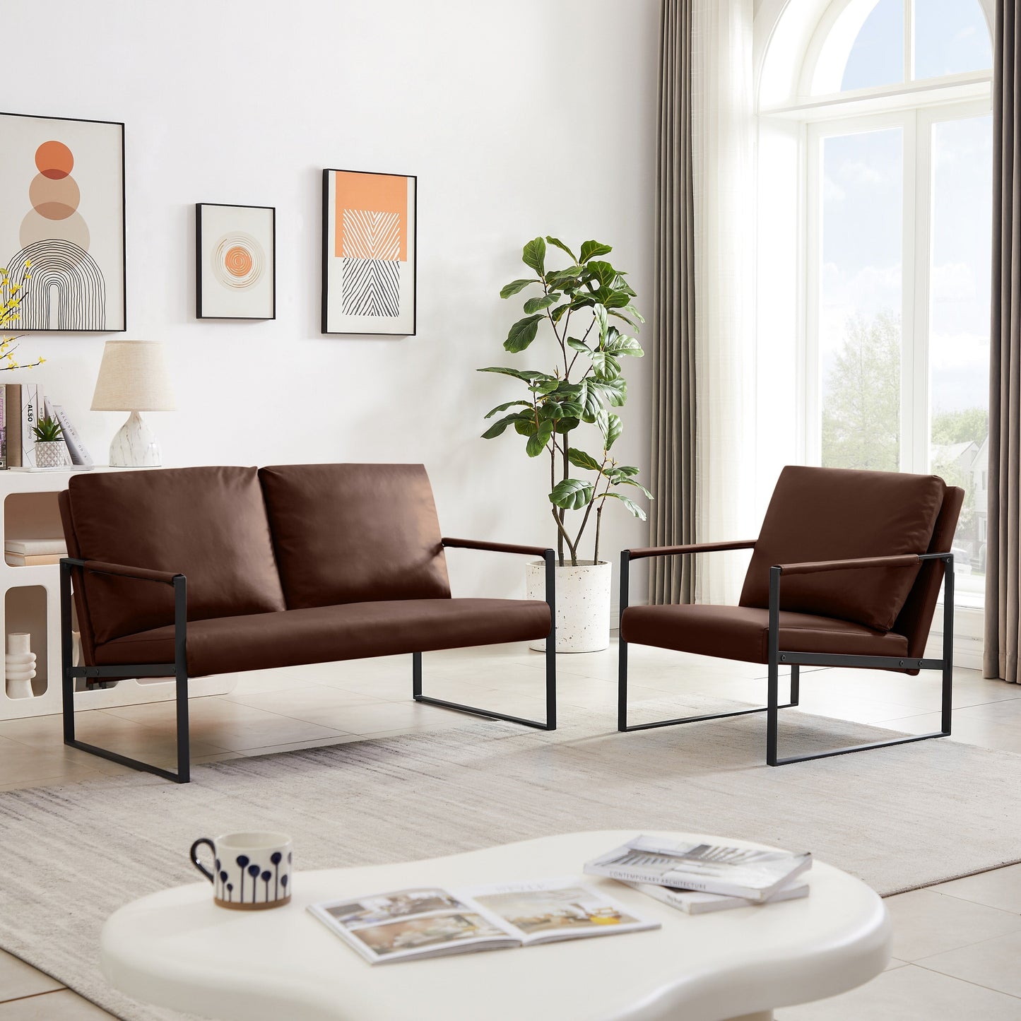 Divano a due posti in pelle PVC marrone 47.24 con schienale imbottito extra spesso e robusta struttura in metallo per soggiorno