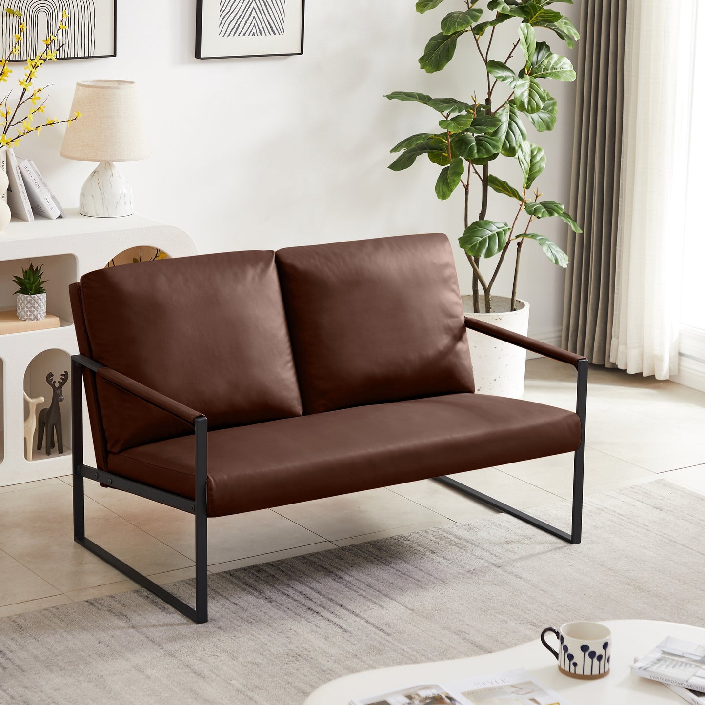 Divano a due posti in pelle PVC marrone 47.24 con schienale imbottito extra spesso e robusta struttura in metallo per soggiorno