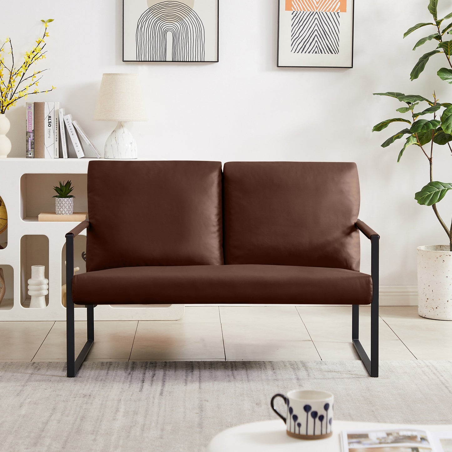 Divano a due posti in pelle PVC marrone 47.24 con schienale imbottito extra spesso e robusta struttura in metallo per soggiorno