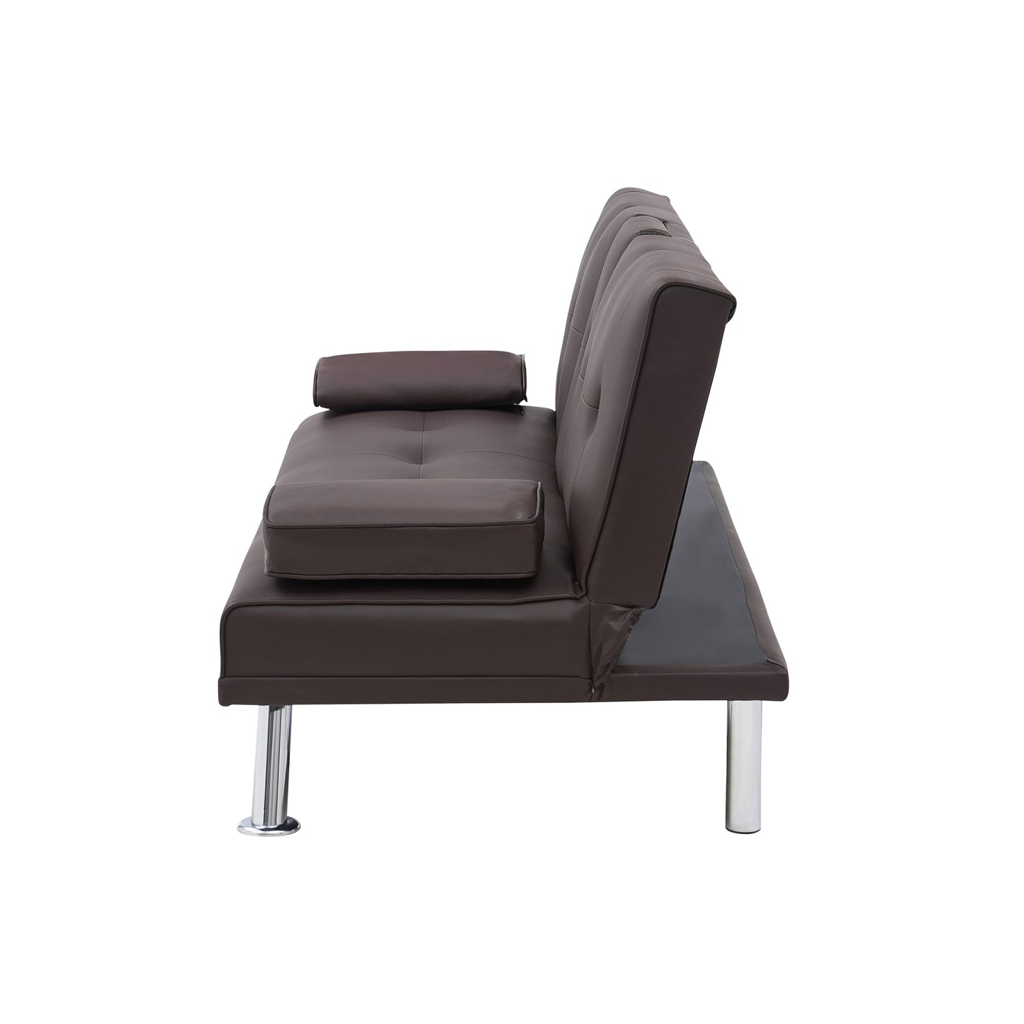 Divano letto a due posti in similpelle marrone 67 con 2 portabicchieri e gambe in acciaio inox per soggiorno